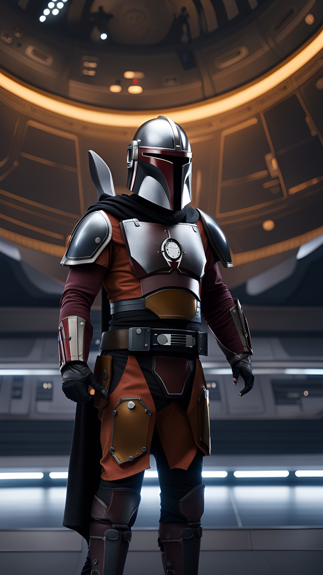 a mandolorian warrior with his helmet on, standing in front of a giant space ship. preview