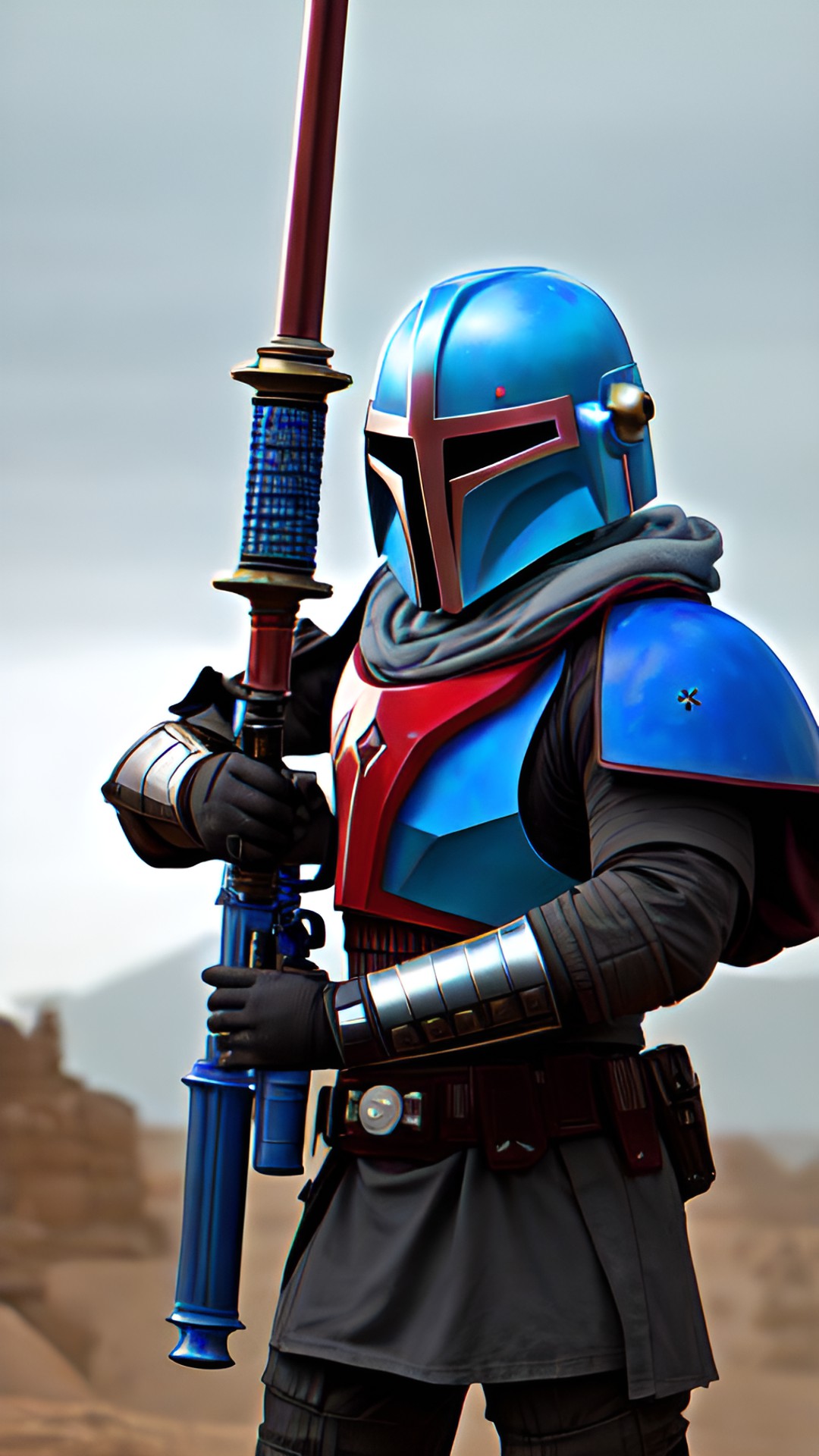 jedi knight mandolorian  - jedi knight mandolorian, with blue skin and red eyes, wearing a suit of armor and carrying a lightsaber." preview