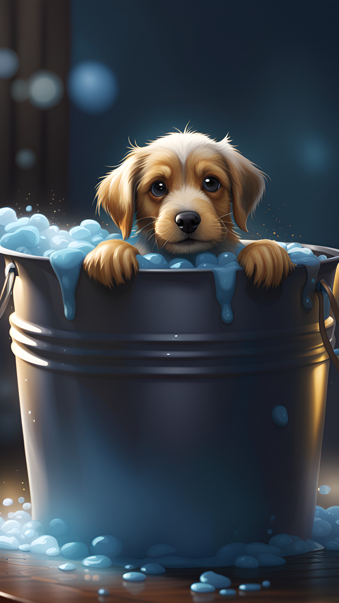 Puppy Bath - puppy in a bucket of soapy water, intricate, sharp focus, concept art, artstation preview