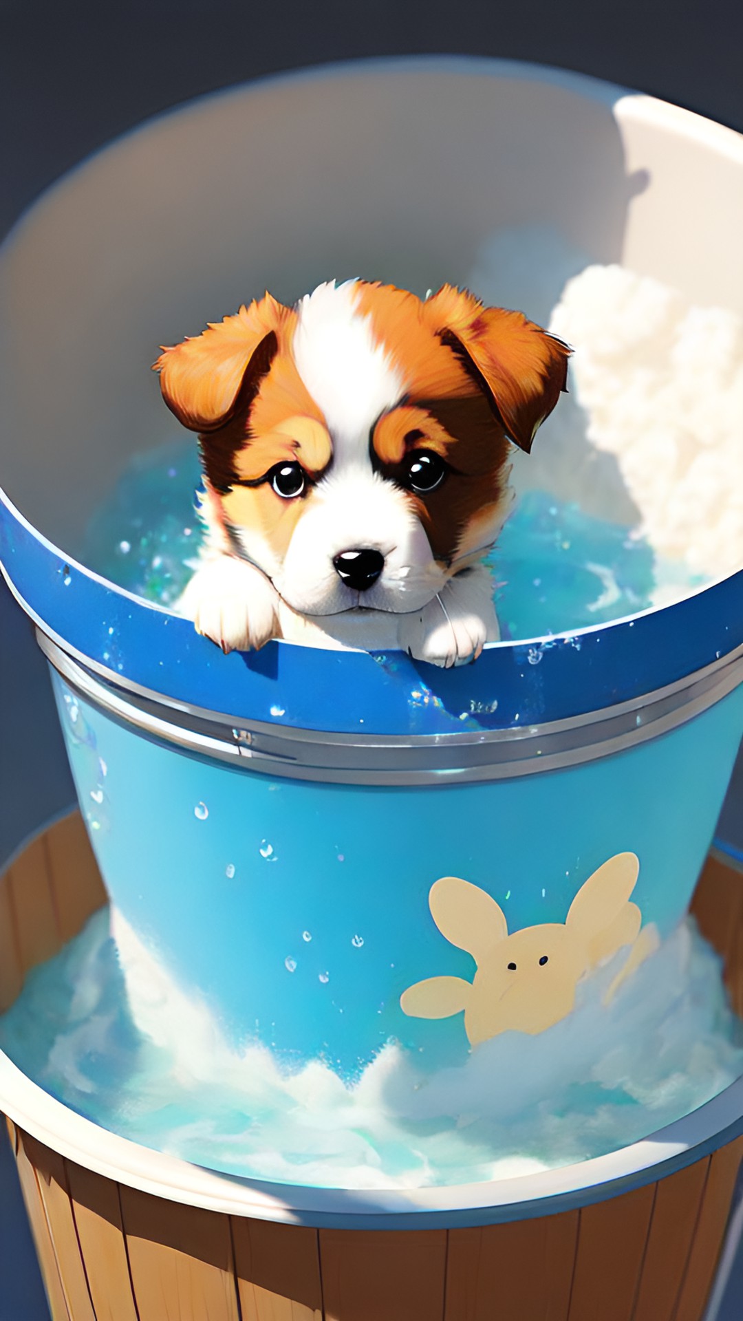 Puppy Bath 2 - puppy in a bucket of soapy water, intricate, sharp focus, concept art, artstation preview