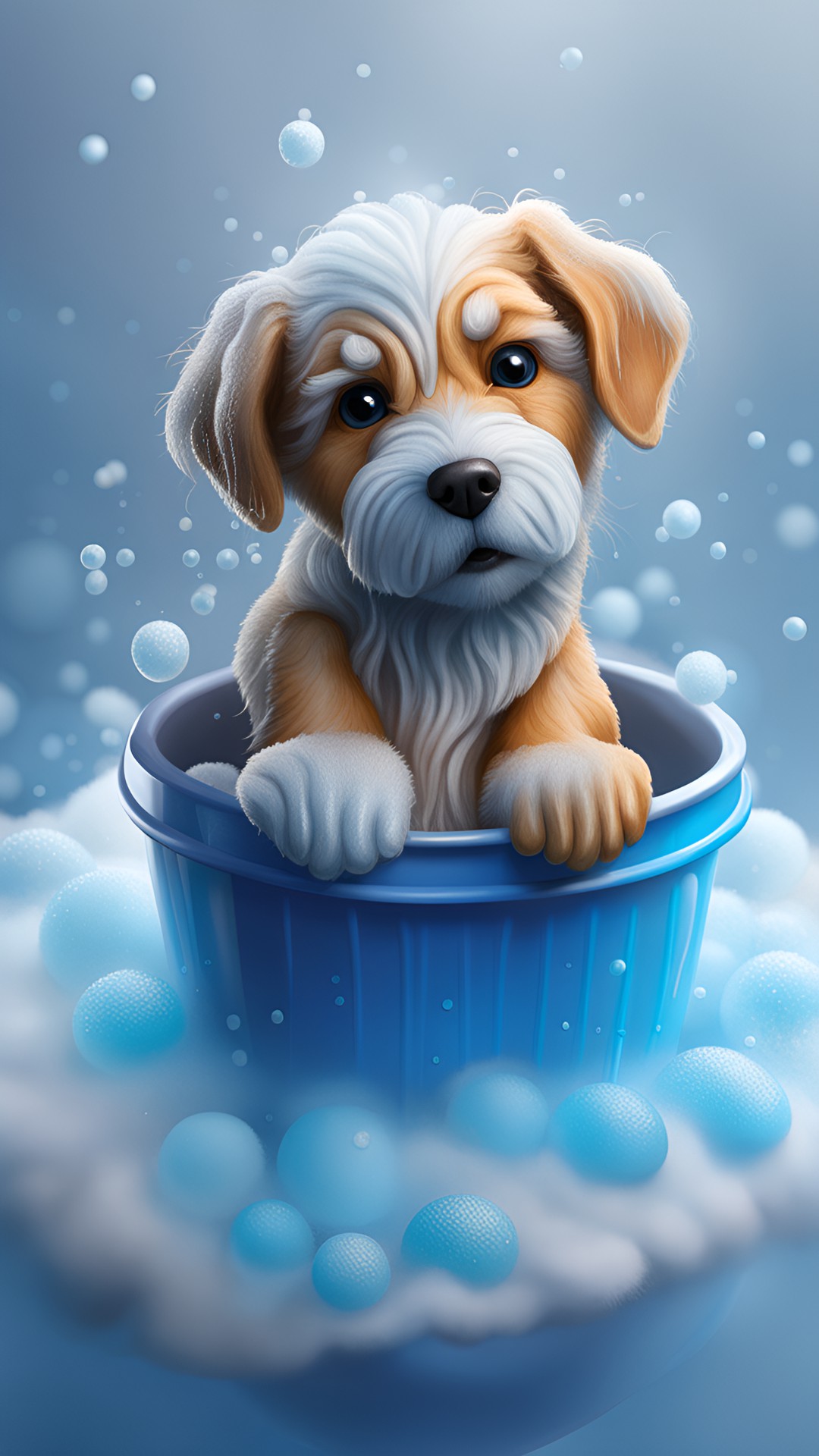 Puppy Bath 3 - puppy in a bucket of soapy water, intricate, sharp focus, concept art, artstation preview