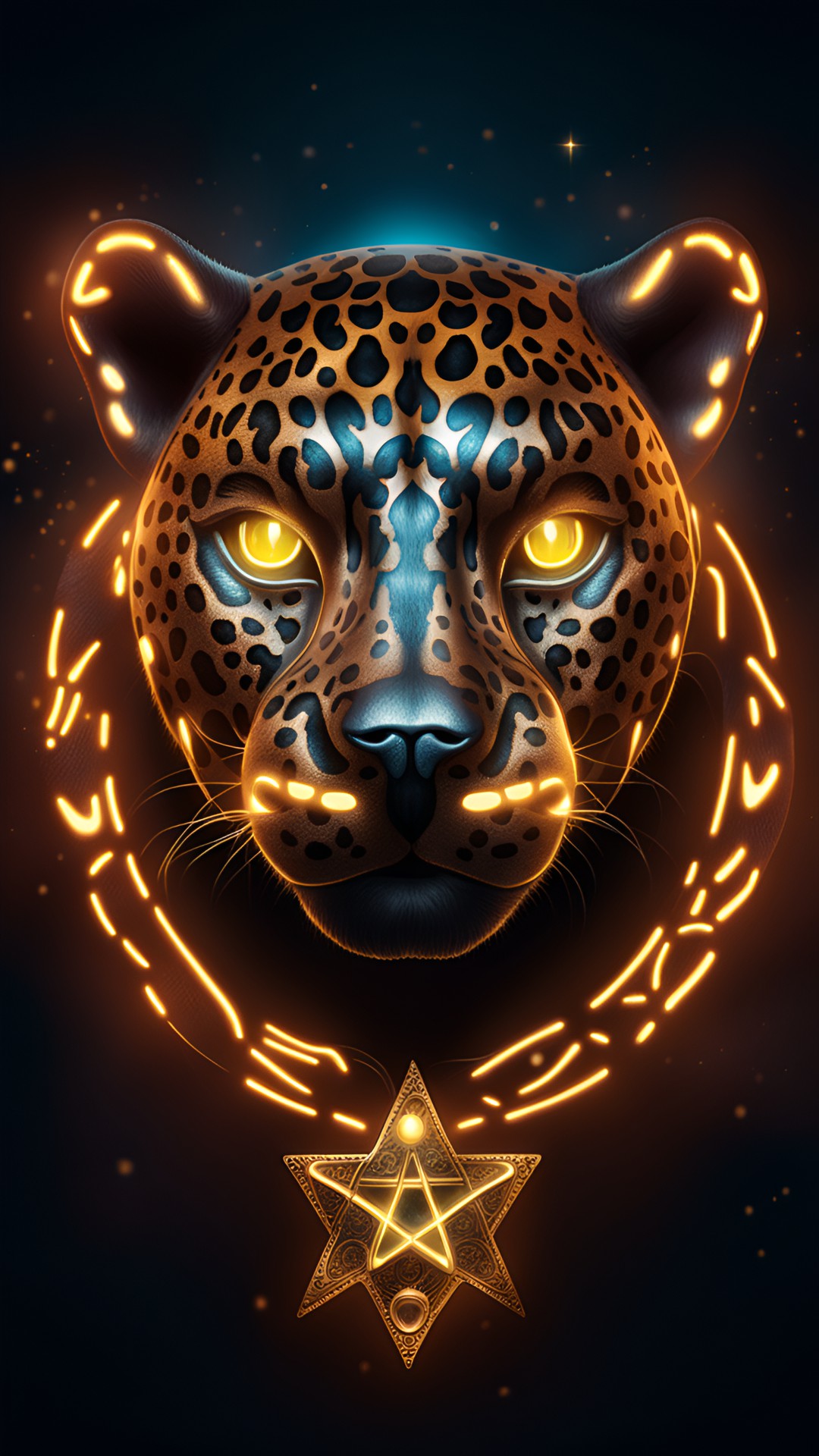 Pentagram 2 - pentagram behind a jaguar face with glowing eyes preview