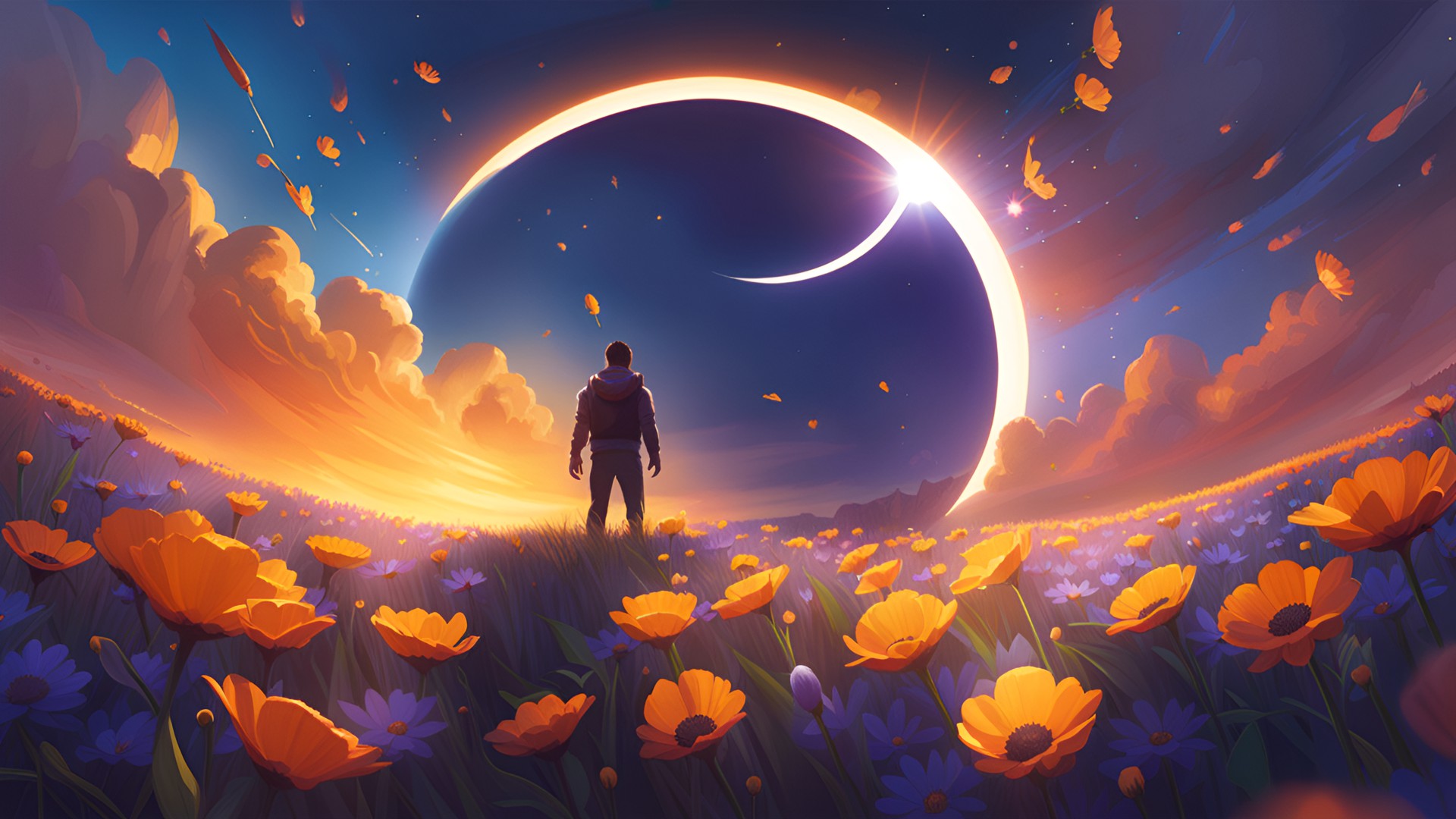 Eclipse Flowers Rdx - movie cover.emphasis name.total solar eclipse.in field of flowers. 
unreal engine 5. preview