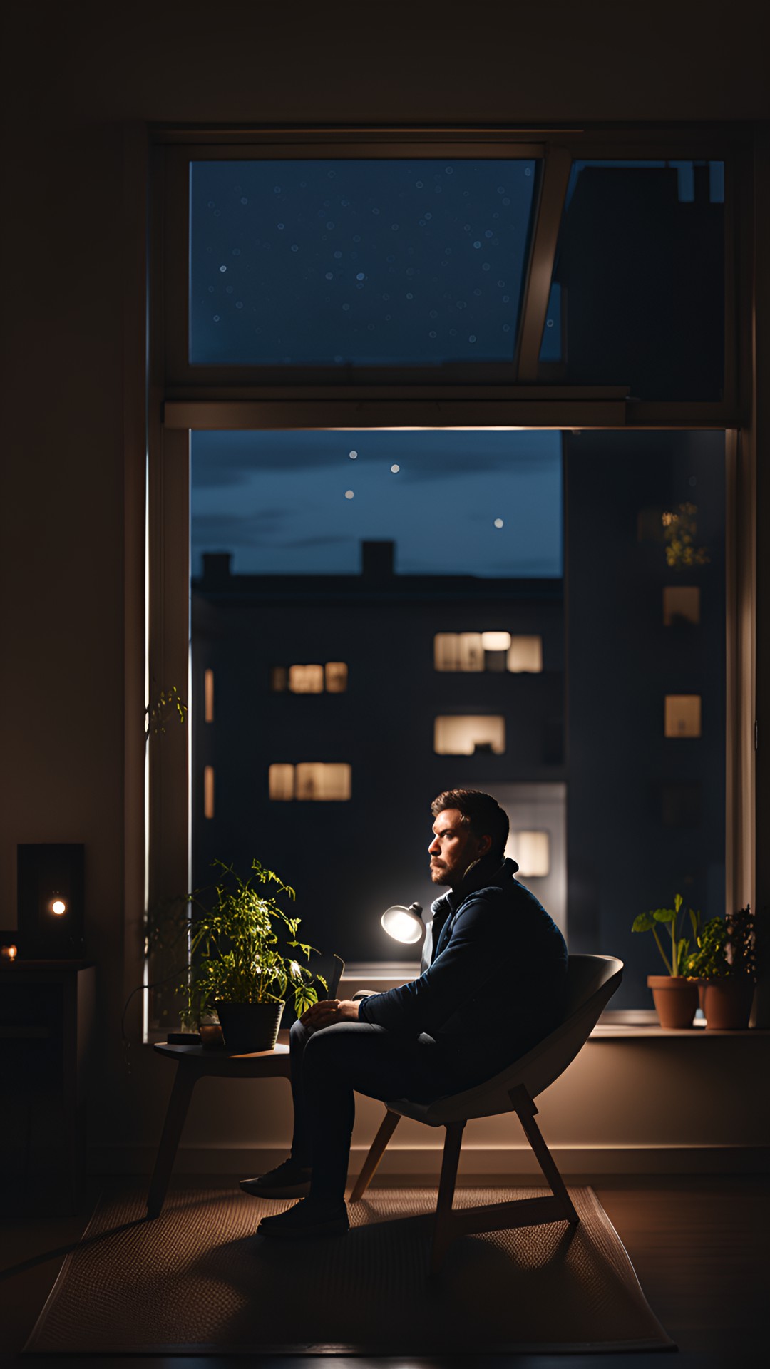 man sitting on chair next to window at home at night preview