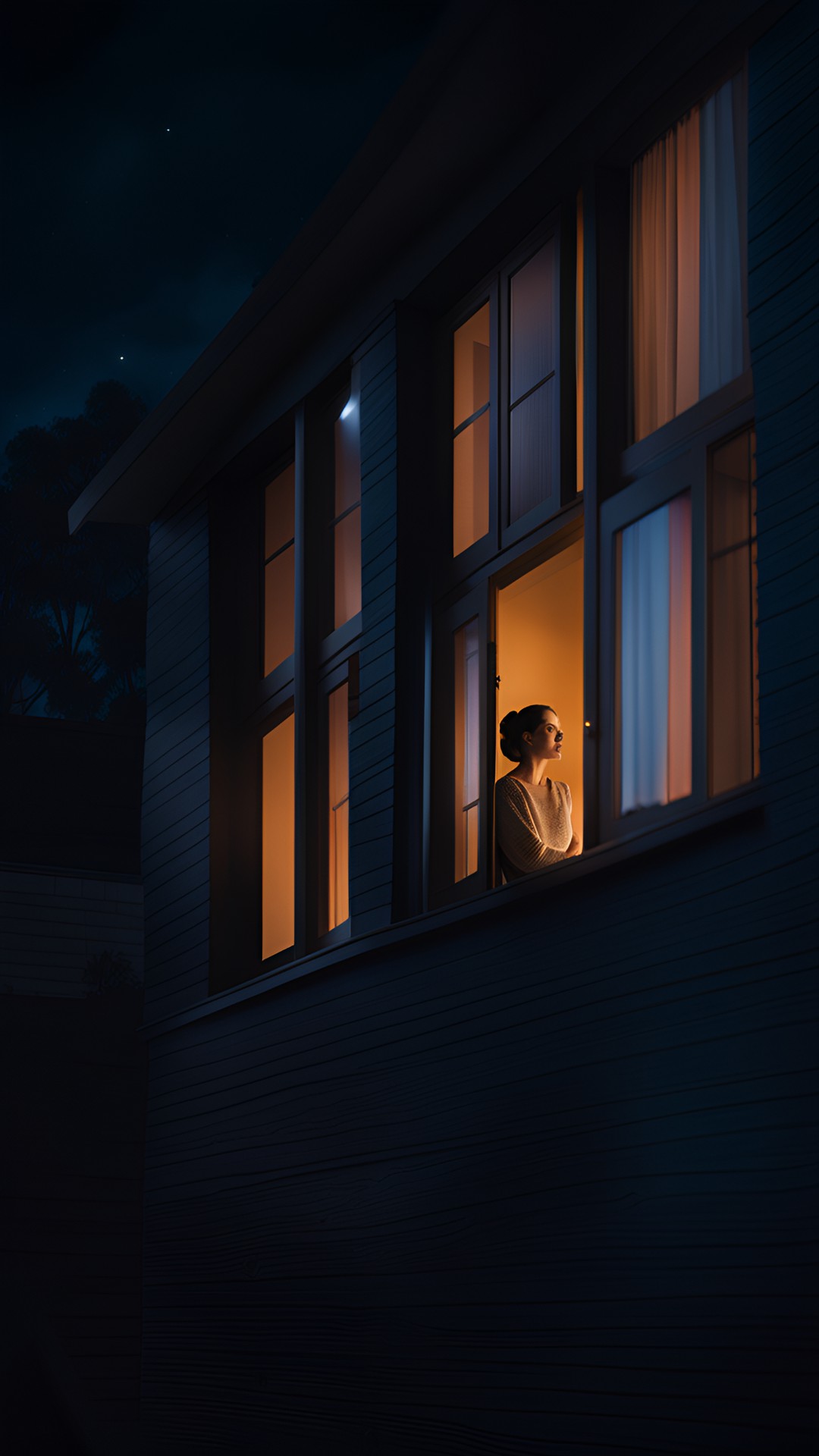 woman staring out window next to window at home at night preview