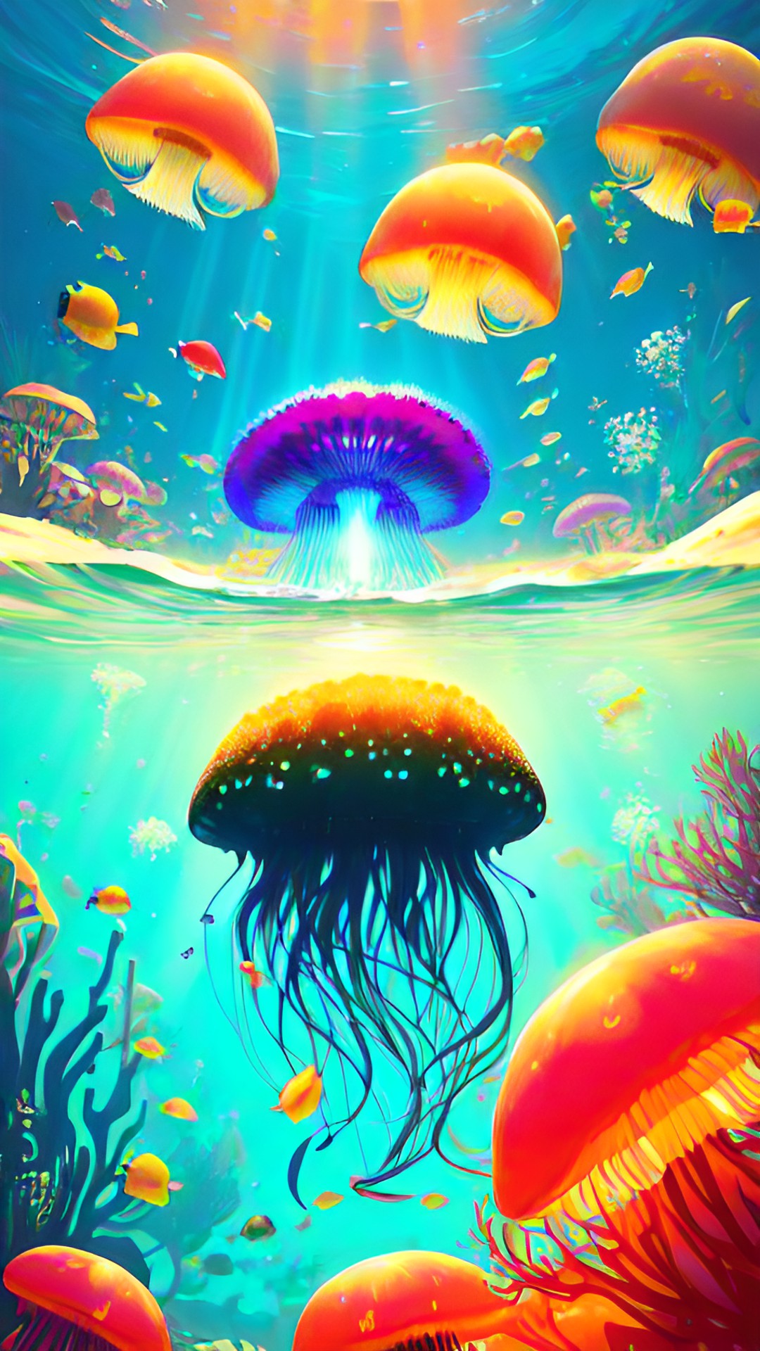 1 simple, pretty jellyfish, turquoise water, sparkling light, sun rays, underwater, fish preview