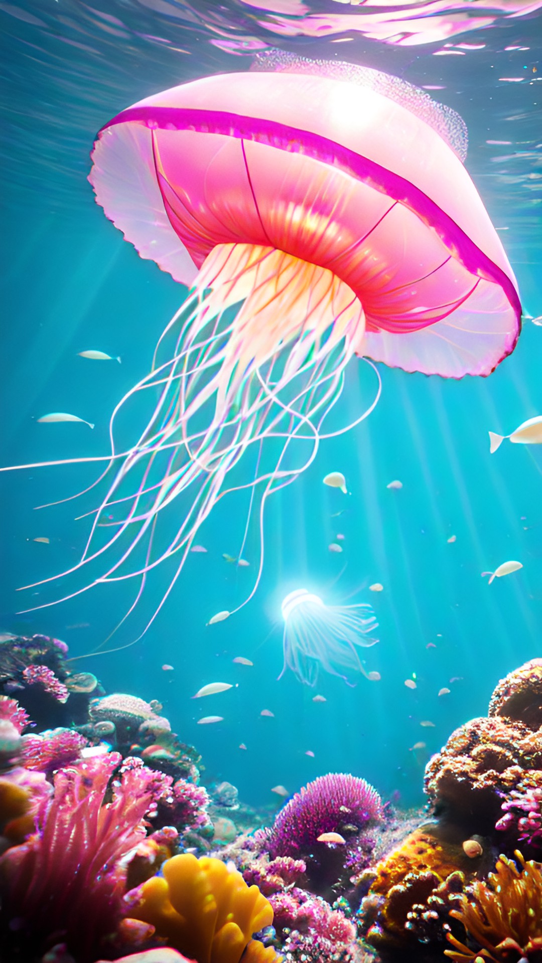 a single pink jellyfish underwater, light rays preview