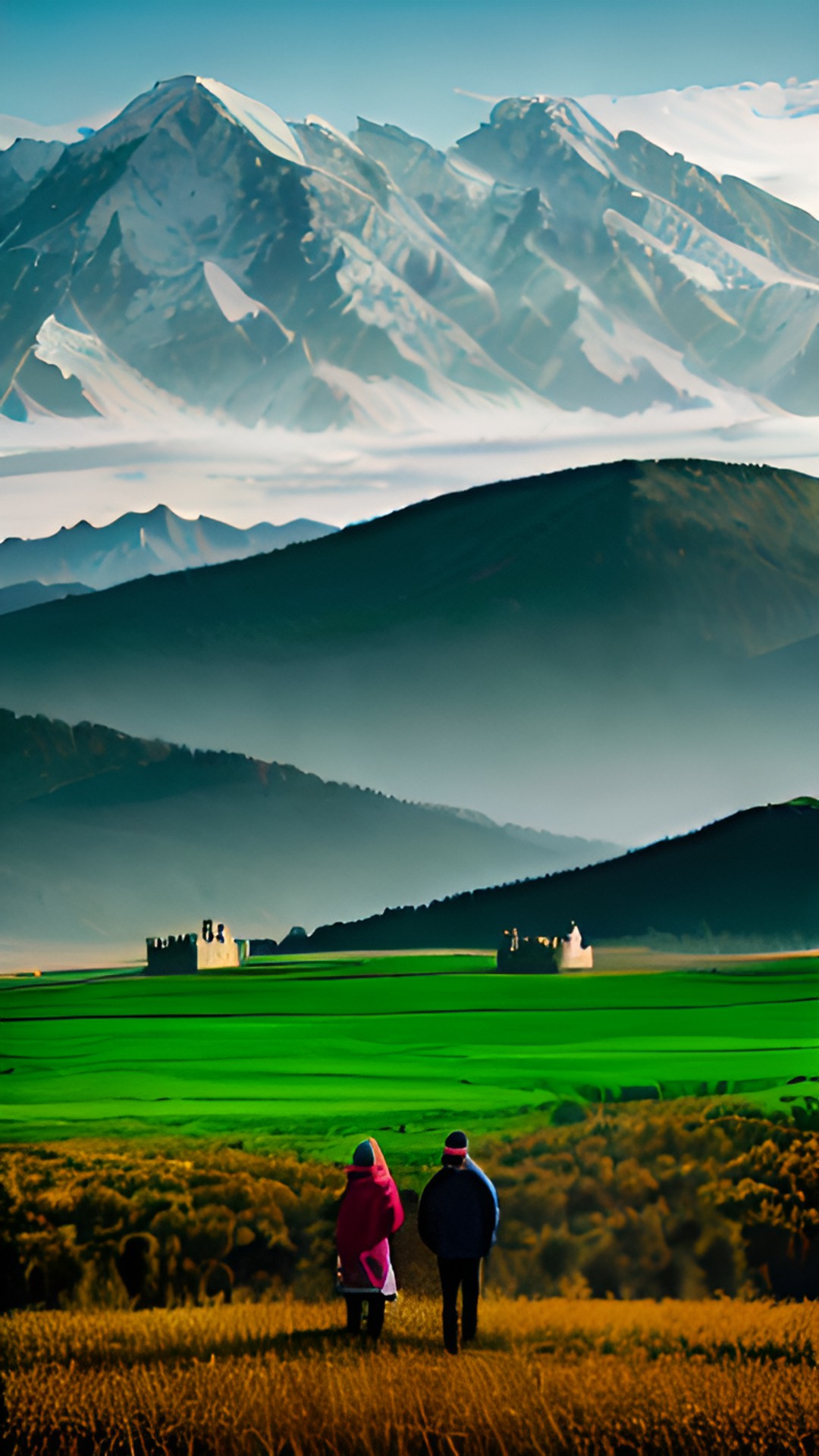 1 man and 1 women facing each other, in front of harvest, and behind it there are tall mountain preview