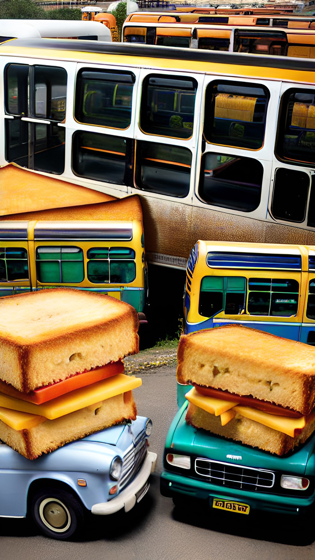 cheese sandwich with buses stacked on top eating chickens preview