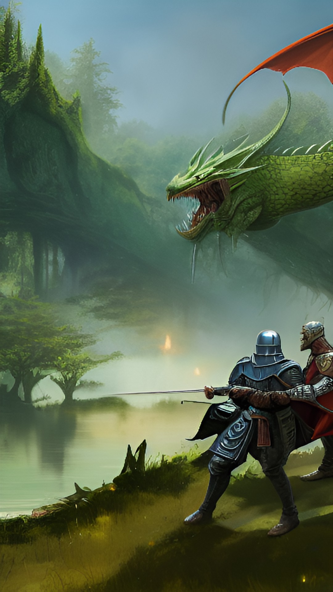 green dragon fighting with a medieval knight near a swampy lake preview