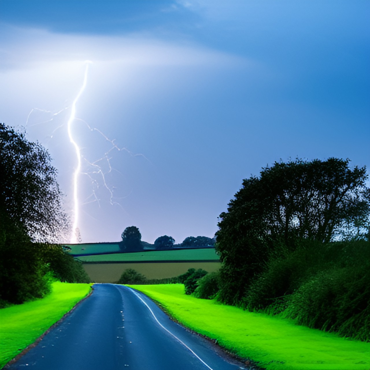 Countryside lightnin - lightning across a dark countryside lane and fields with trees and hedges.  the moon can be seen behind the clouds. preview