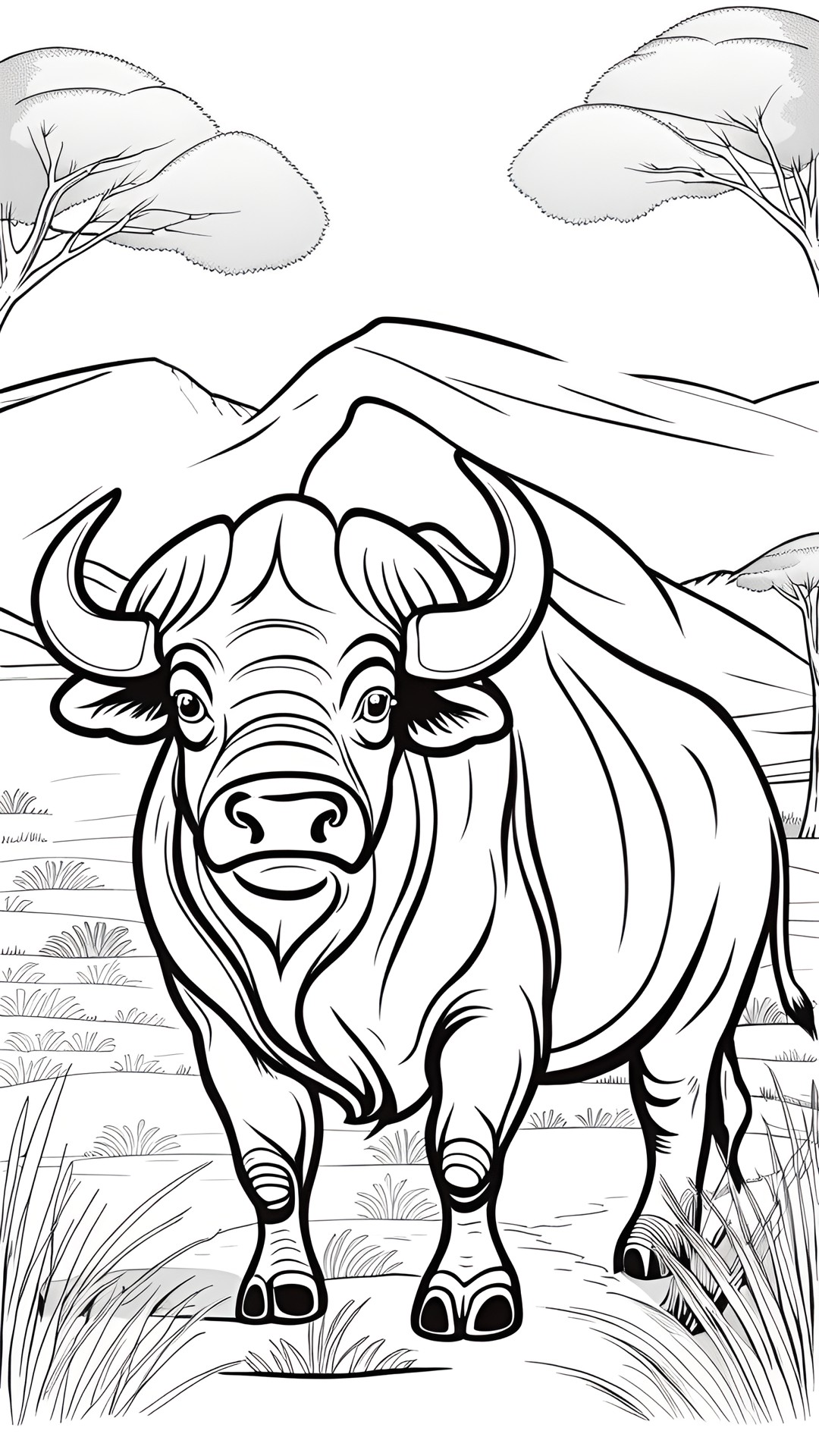 desenho para colorir de um búfalo africano na savana africana no estilo cartoon preview