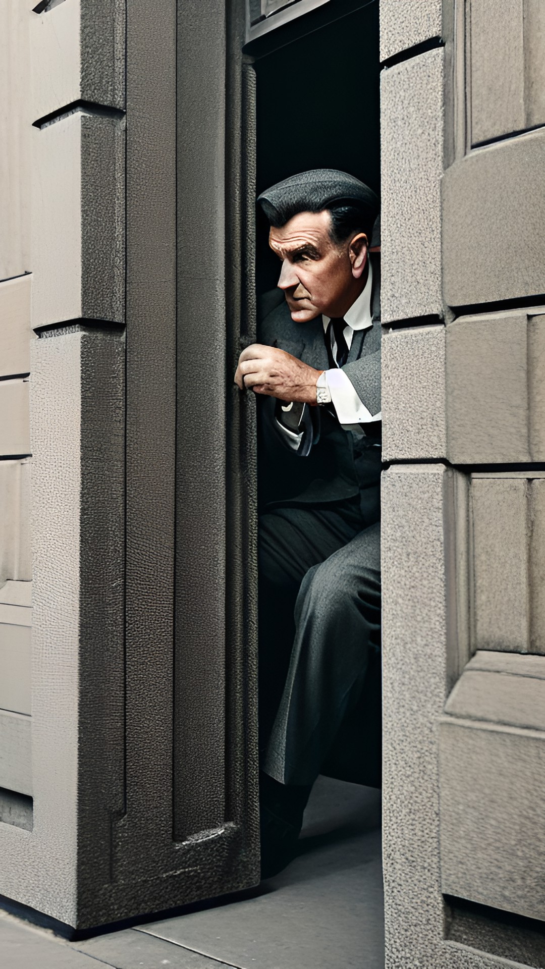 a man from the 50s hiding from someone in the corner of a building in a street preview