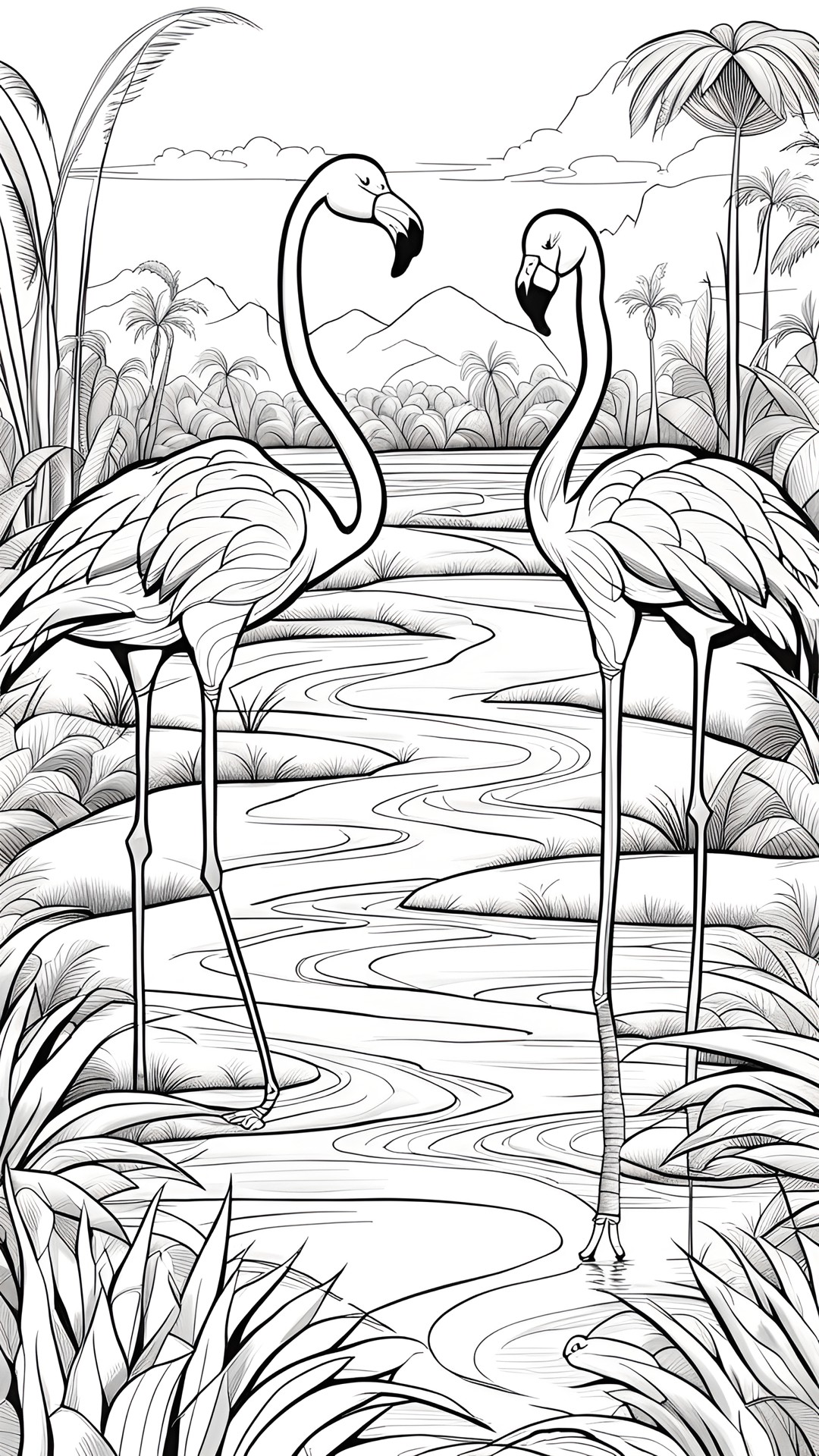 desenho de colorir de flamingos na savana africana no estilo cartoon preview