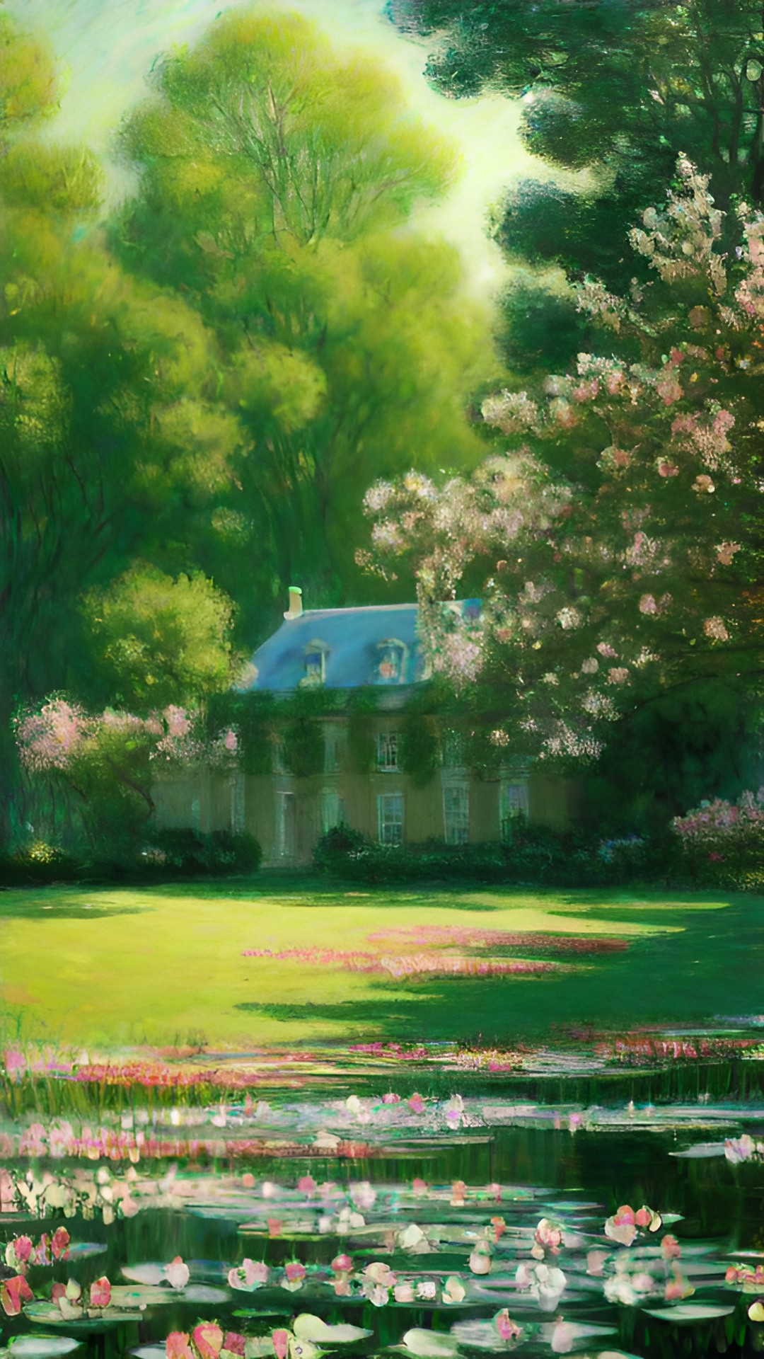 nature at regency era monet style add ancient manor in the background preview