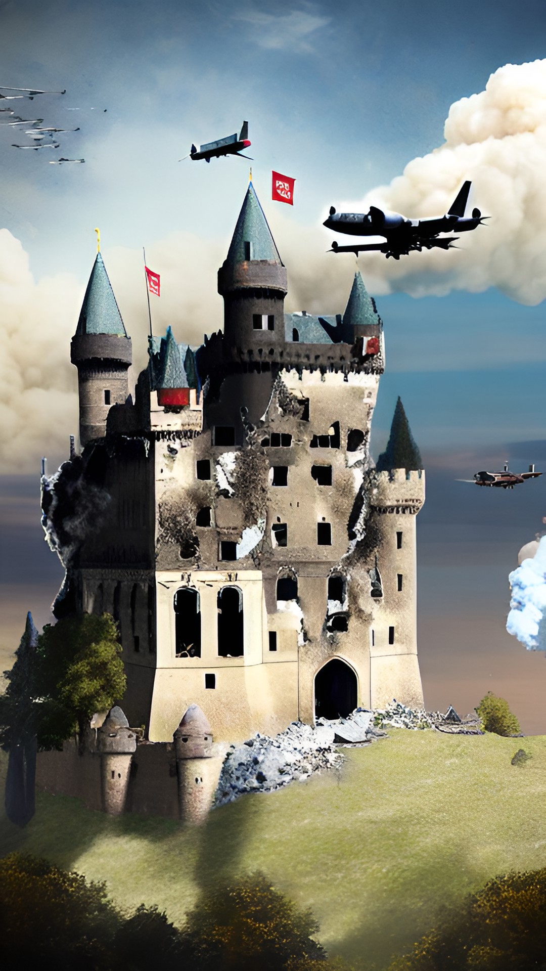 a castle being bombed and partially destroyed by planes preview