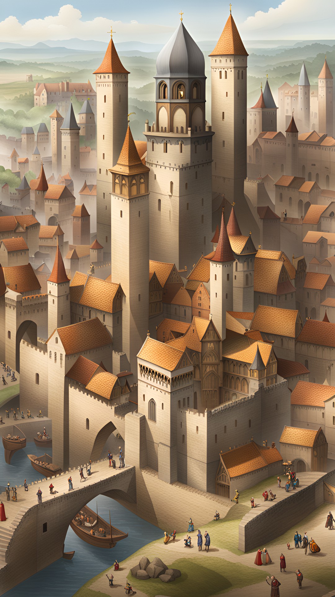 a medieval city with lots of towers, surrounded by a high wall. the towers are of different sizes and shapes, and the city is bustling with people. preview