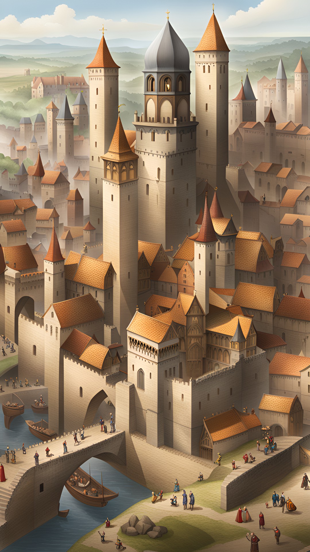 a medieval city with lots of towers, surrounded by a high wall. the towers are of different sizes and shapes, and the city is bustling with people. preview