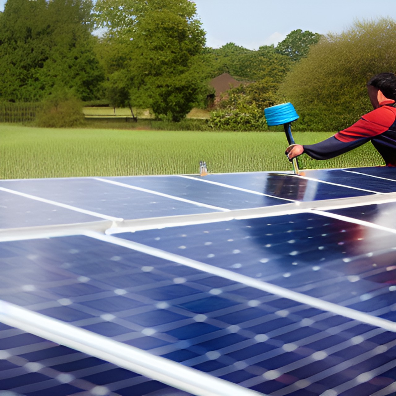a man squeegeeing solar panels in a field and cleaning them preview