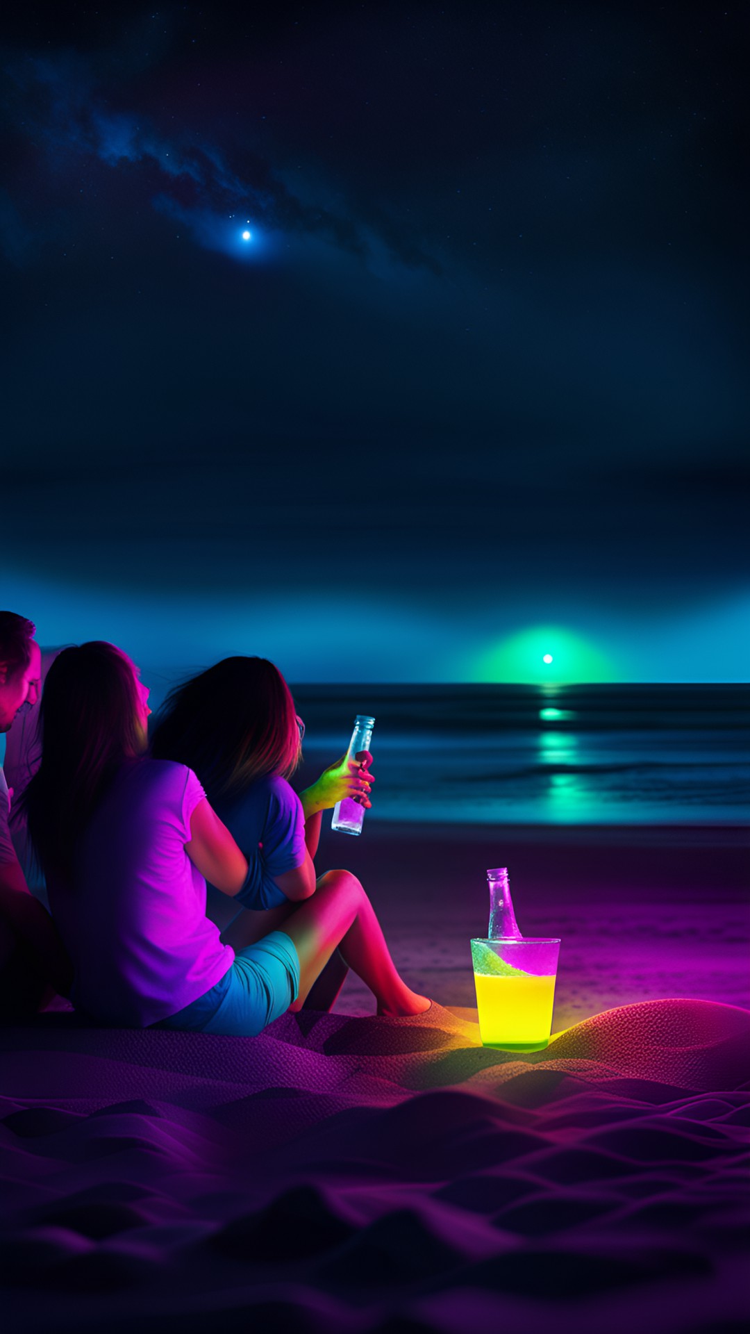 Beach vibez - drinking alcohol on a beach at night with the friends with ￼ fluorescent colors in sick view￼ preview