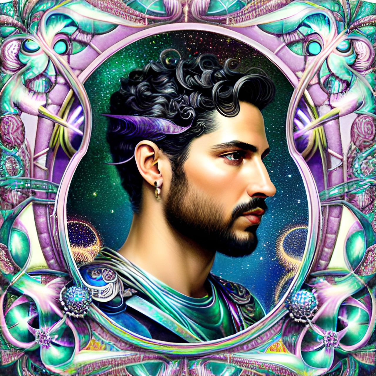 Man Flowery Framed - mercury, communication, transportation, adroit, apt, clever, expressive, good at detail, intelligent, logical, perceptive, talkative, versatile, mercury small iridescent planet, metallic mercury silver reflective liquid, greek god hermes, handsome, masculine preview