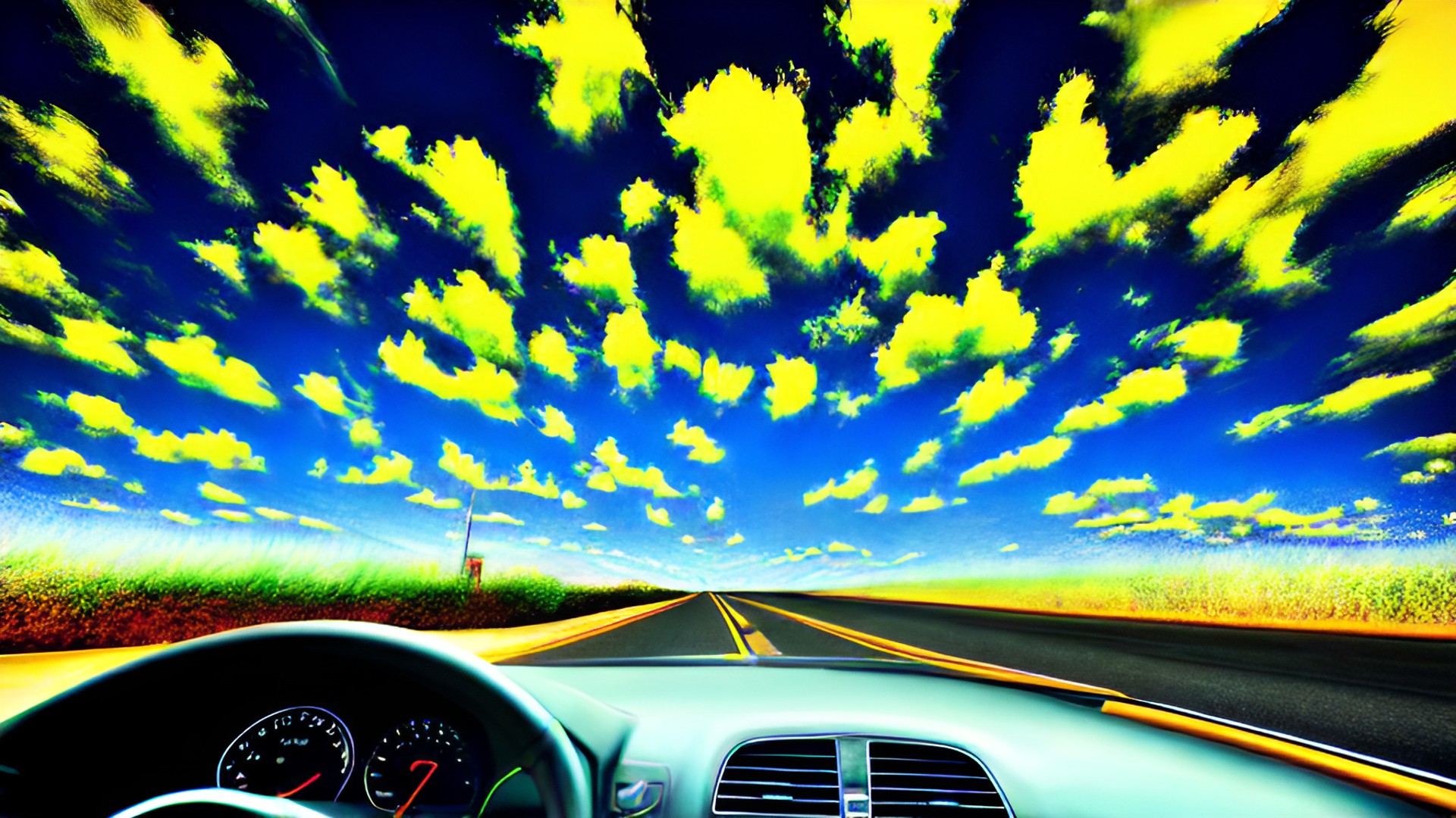 Real life - driving thinking fluorescent color high clouds preview