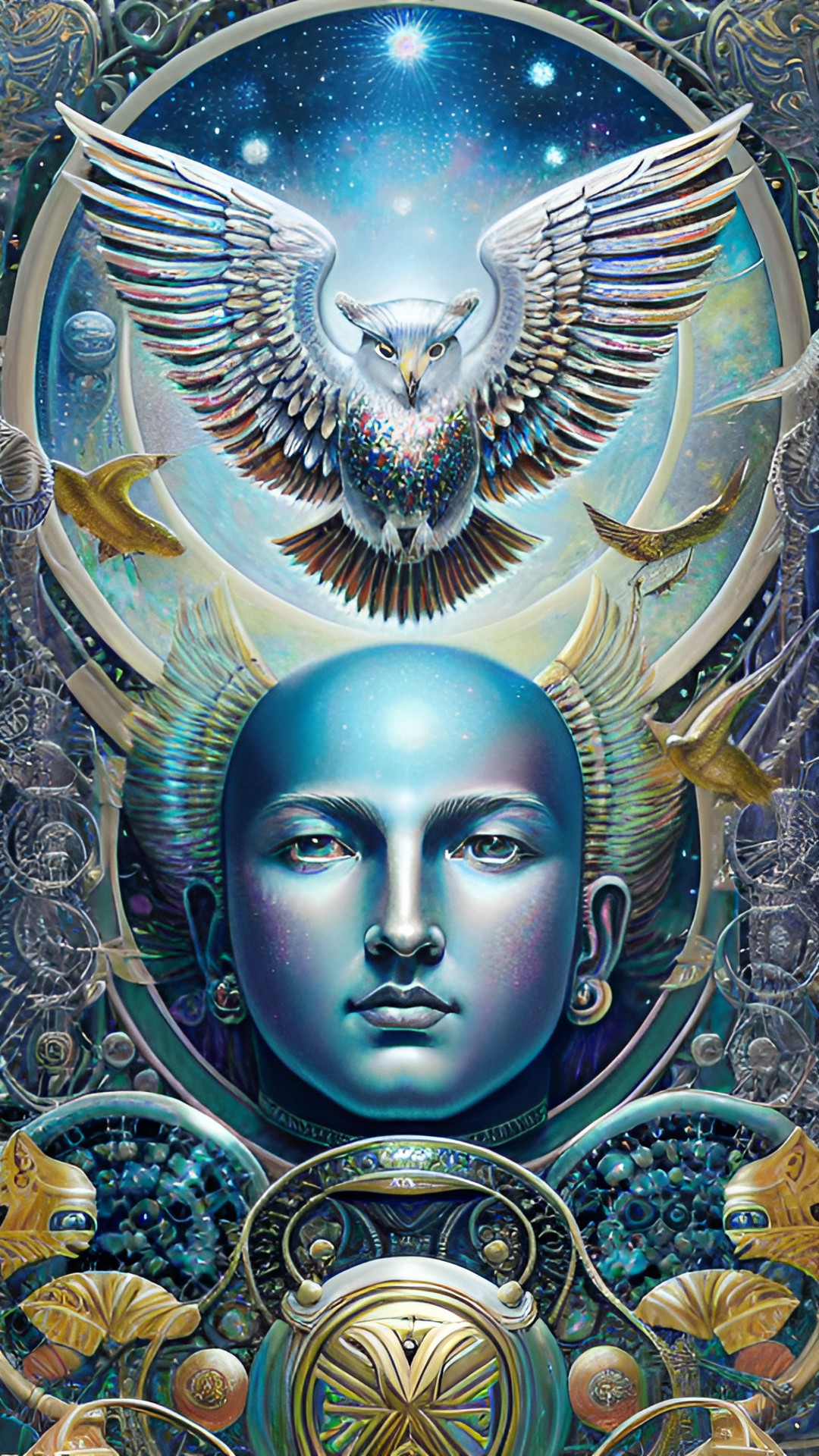 Bald Mercury & Owl - mercury, communication, transportation, adroit, apt, clever, expressive, good at detail, intelligent, logical, perceptive, talkative, versatile, mercury small iridescent planet, metallic mercury silver reflective liquid, greek god hermes preview