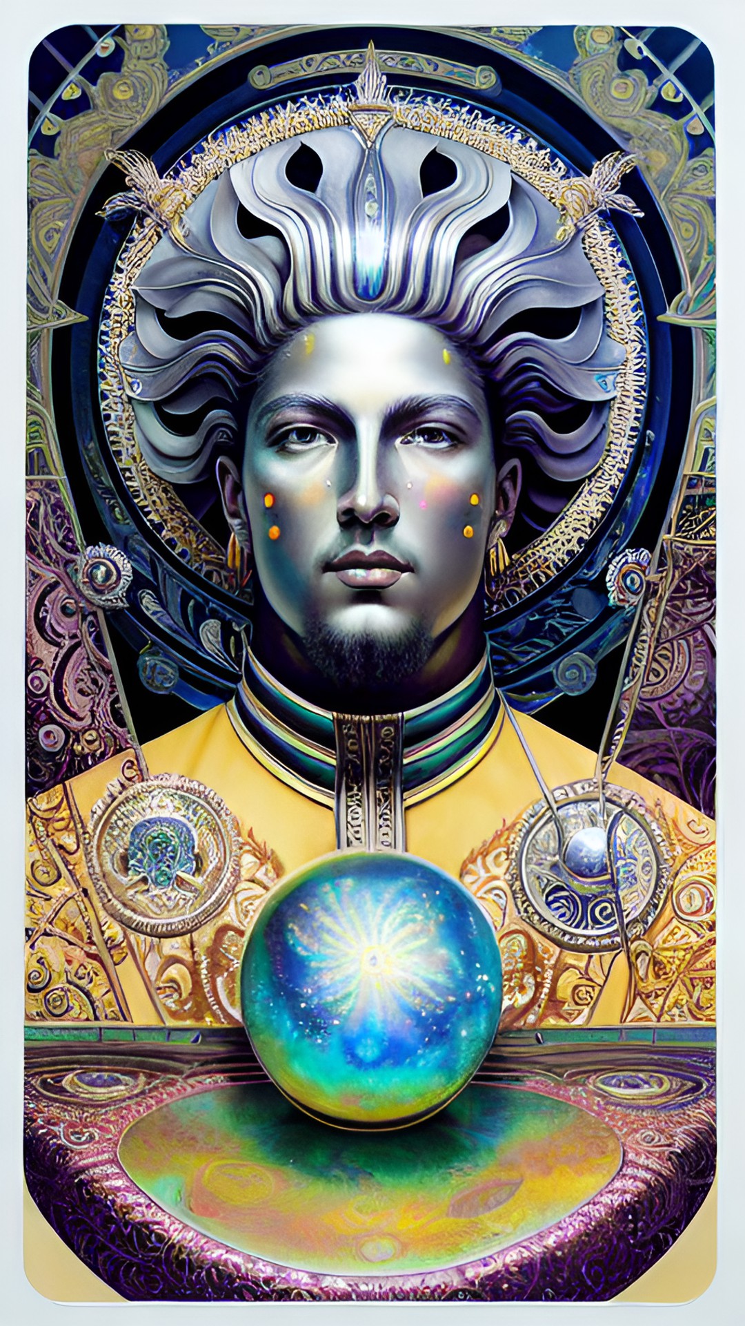 Tarot Magician Card - mercury, communication, transportation, adroit, apt, clever, expressive, good at detail, intelligent, logical, perceptive, talkative, versatile, mercury small iridescent planet, metallic mercury silver reflective liquid, greek god hermes preview