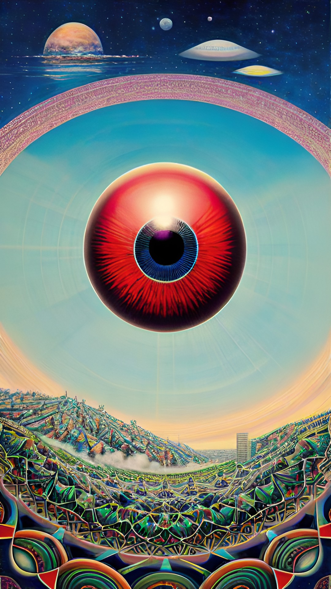 Mars as Monstrum - earth skyline with huge spheres in the sky each with a black drawing of an oval eye titled 90 degrees and having an eyeball in the middle preview