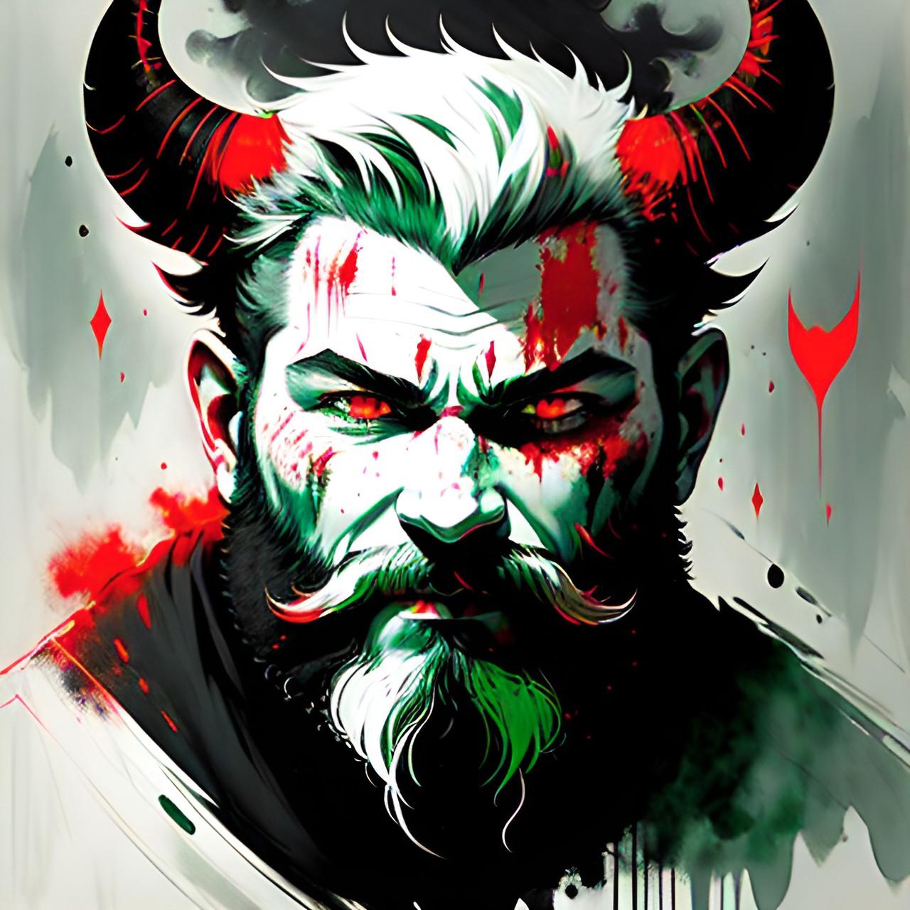 Searus - demonic, male, light red skin, portrait, light beard, halo made of horns, horns that form a halo, pale green eyes, light behind him, friendly, smirk - a male demon with light red skin and a light beard preview