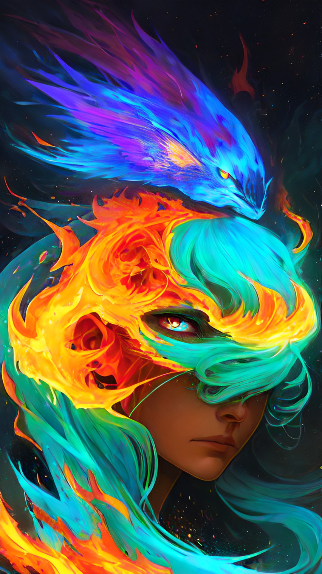 firey face nested on firewood. long, thin, pointed blue nose, thin blue face, orange eyes, green firey hair, small purple smile. in the shape of a tear drop. made of fire. fire. preview