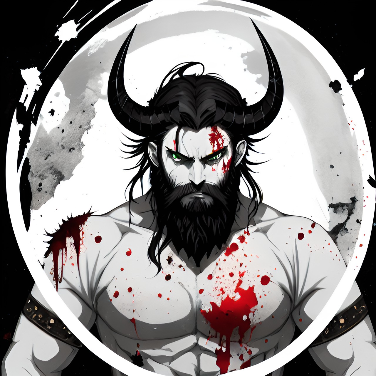 green eyes, pale green eyes holding broken long sword, broken sword, male, demonic, horns, single set of horns, blood splatter on face, muscular, tall, beard, broken in half sword, red blood splatter, black and white preview