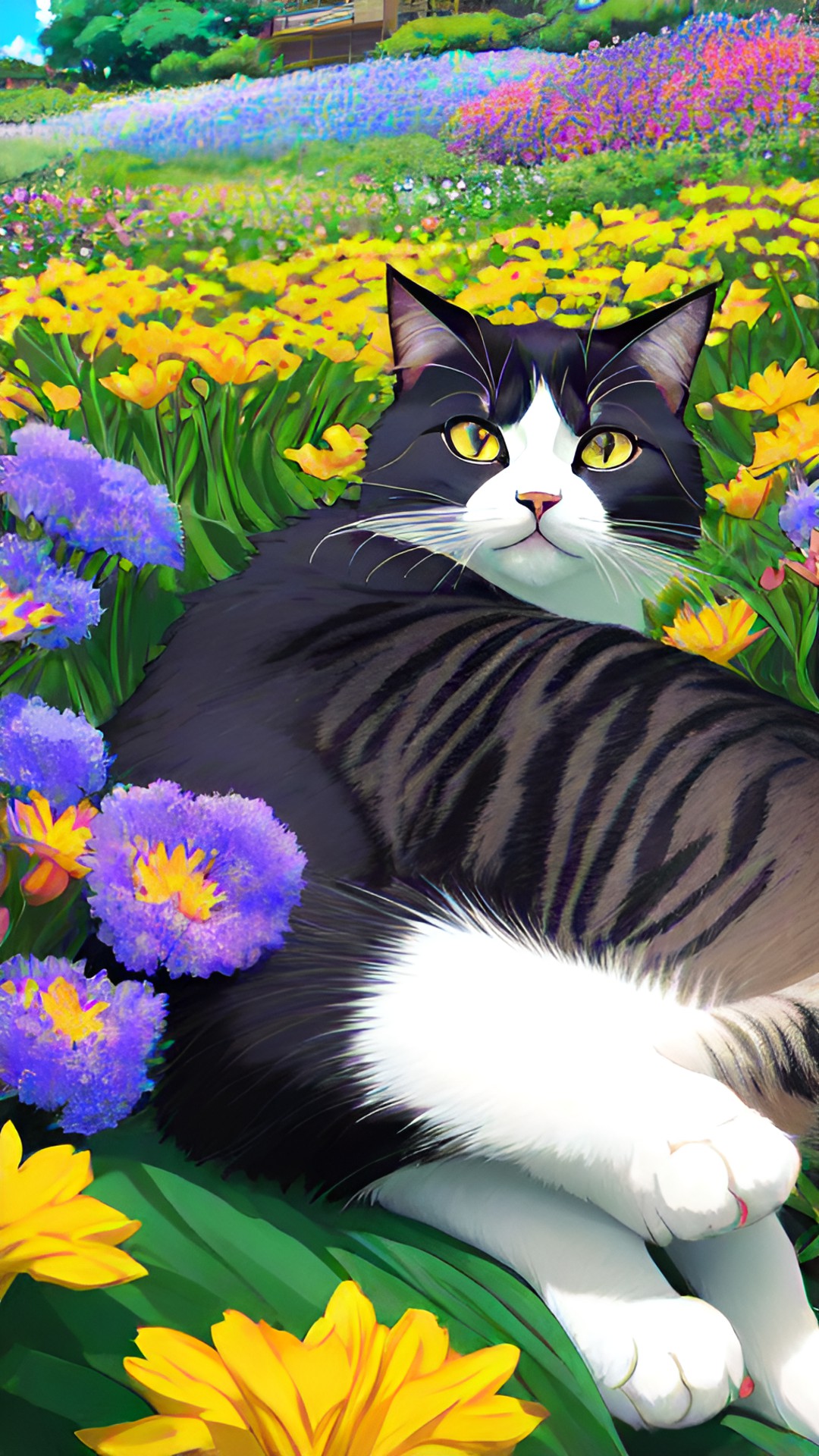 cat lying on a bed of flowers, looking up at the camera with a sleepy expression. the background is a blur of greens and blues, with the occasional pops of color from the flowers. preview