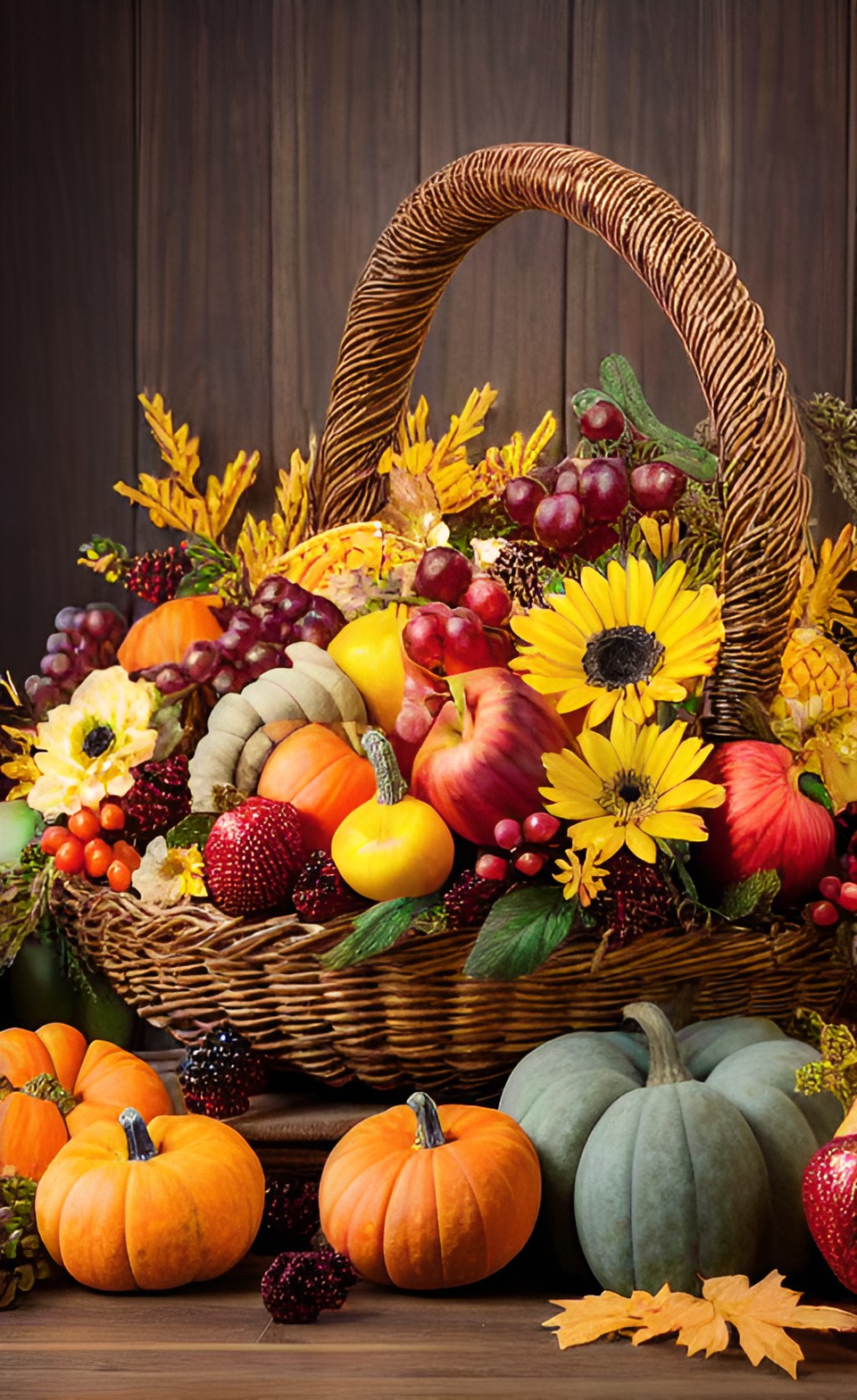 kosz - thanksgiving cornucopia with flowers and fruits. large, decorative, curvilinear forms, inspired by nature, decorative, detailed. preview