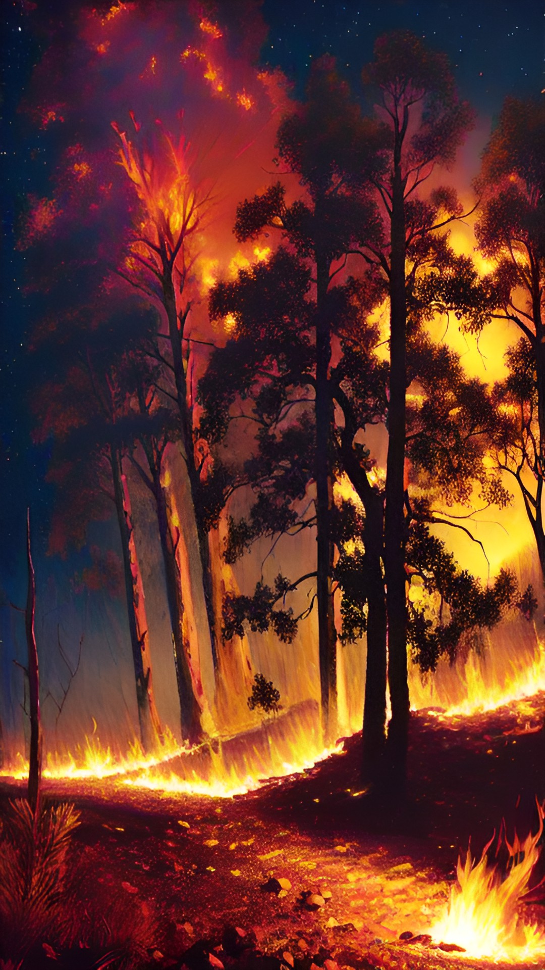 firestorm, raging bush fire. night time. bright flames preview