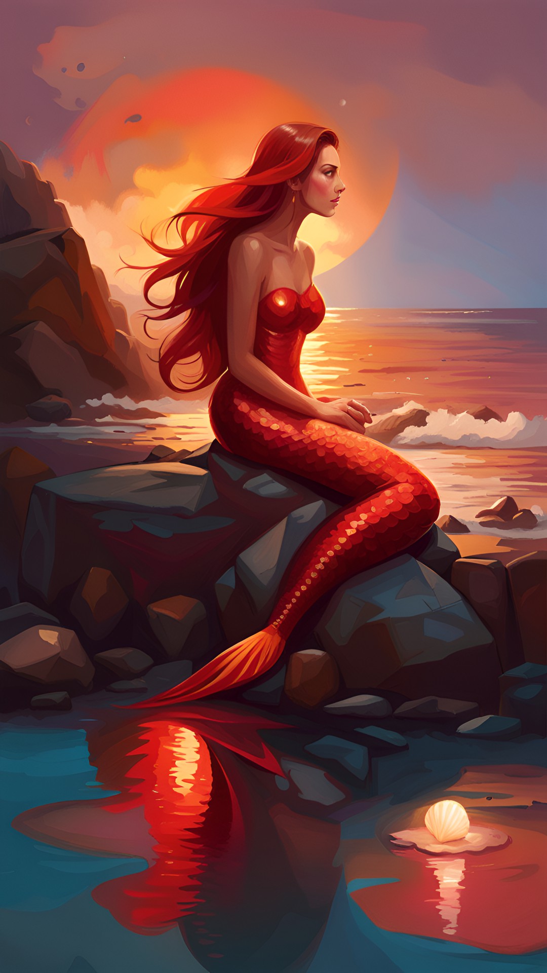 the mermaid - mermaid on a rock brown hair red reflection with a shell preview