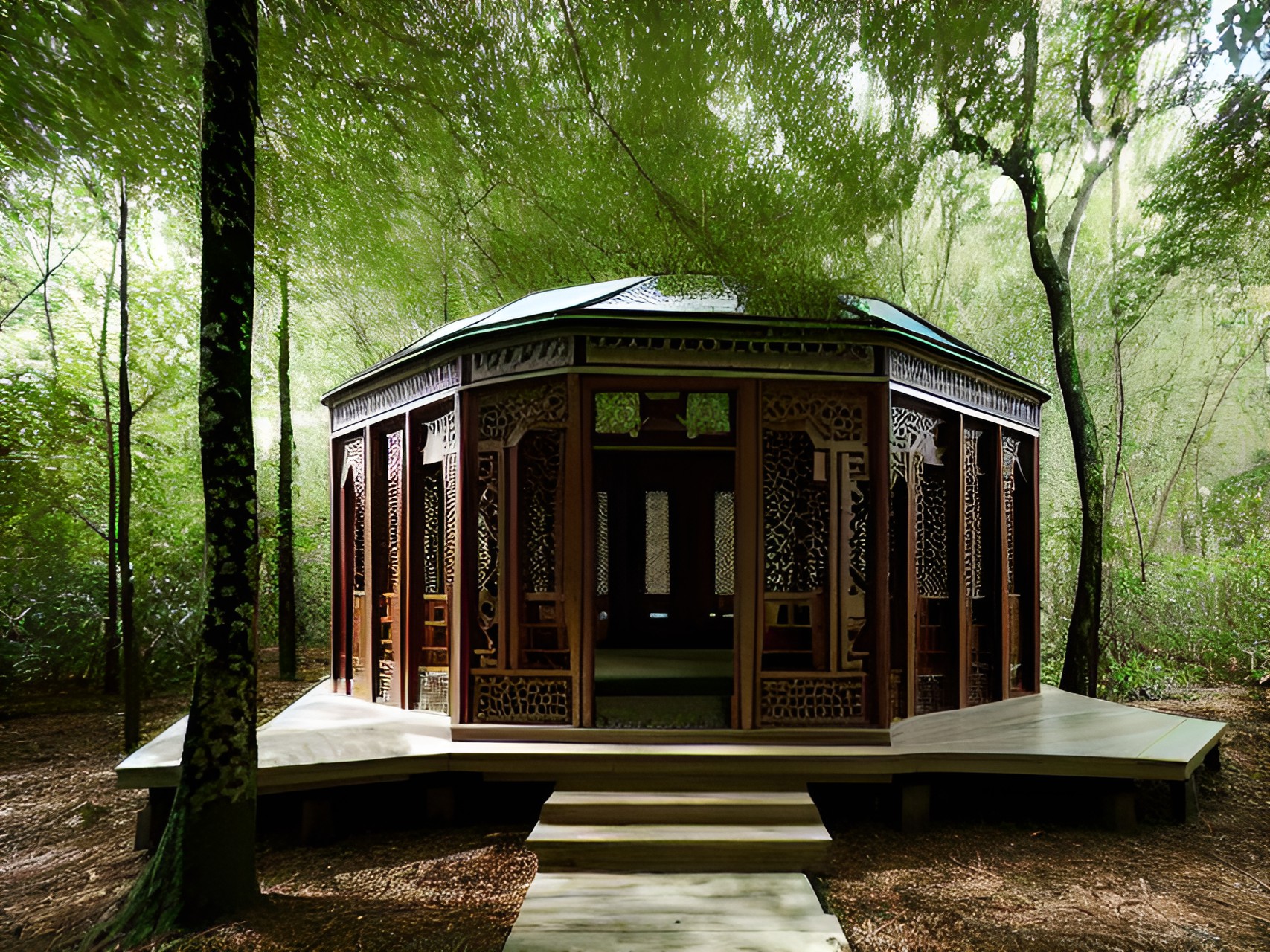 Women retreat - octagon mosque women retreat in forest next to lake with sections of special low entrance rooms preview