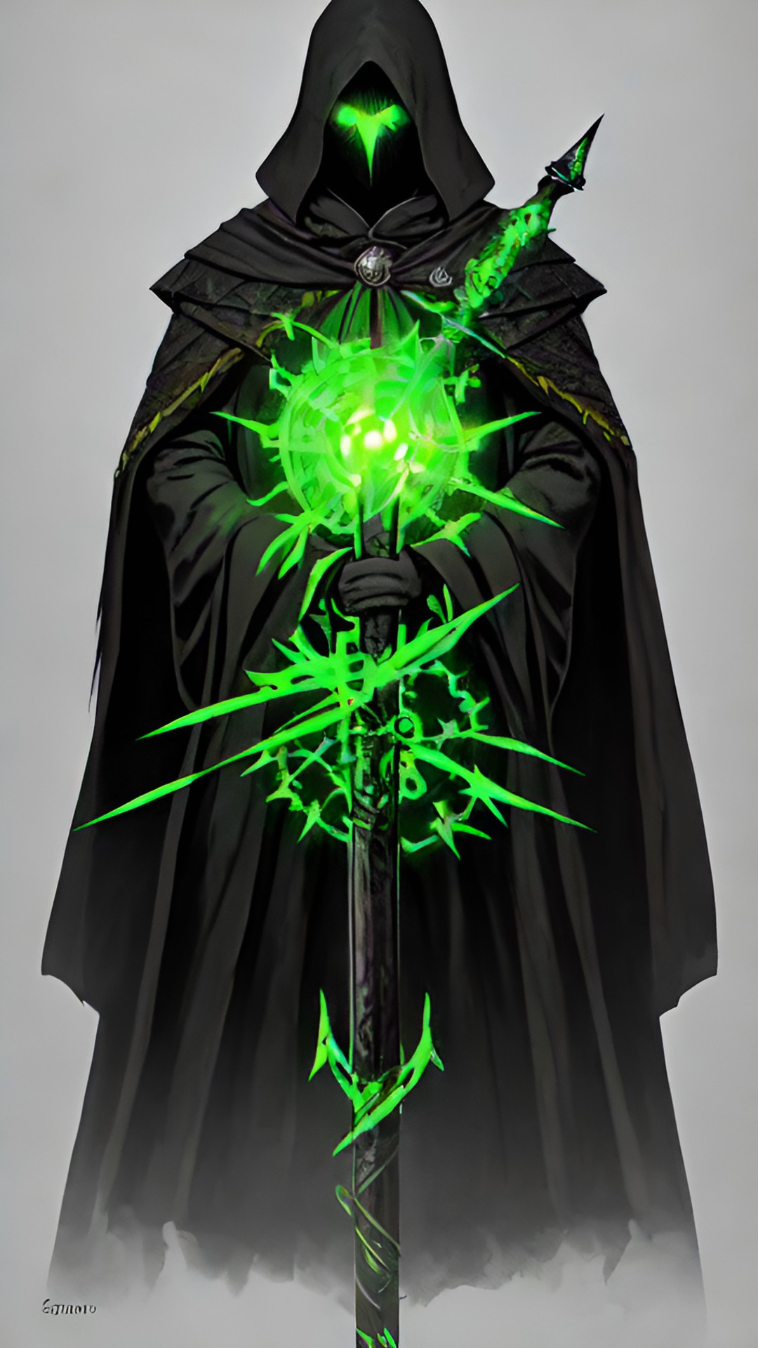 Undead Staff Mage - "a symbaroum undead staff mage, shrouded in dark robes. he wields a staff that crackles with dark energy, and his eyes glow with an eerie green light." preview