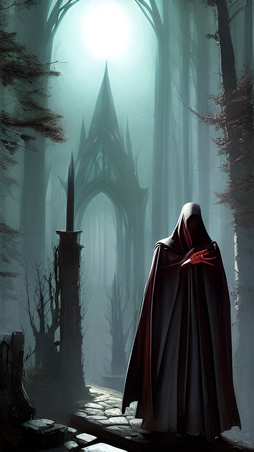 a symbaroum mage, shrouded in a dark cloak with a bright hood preview