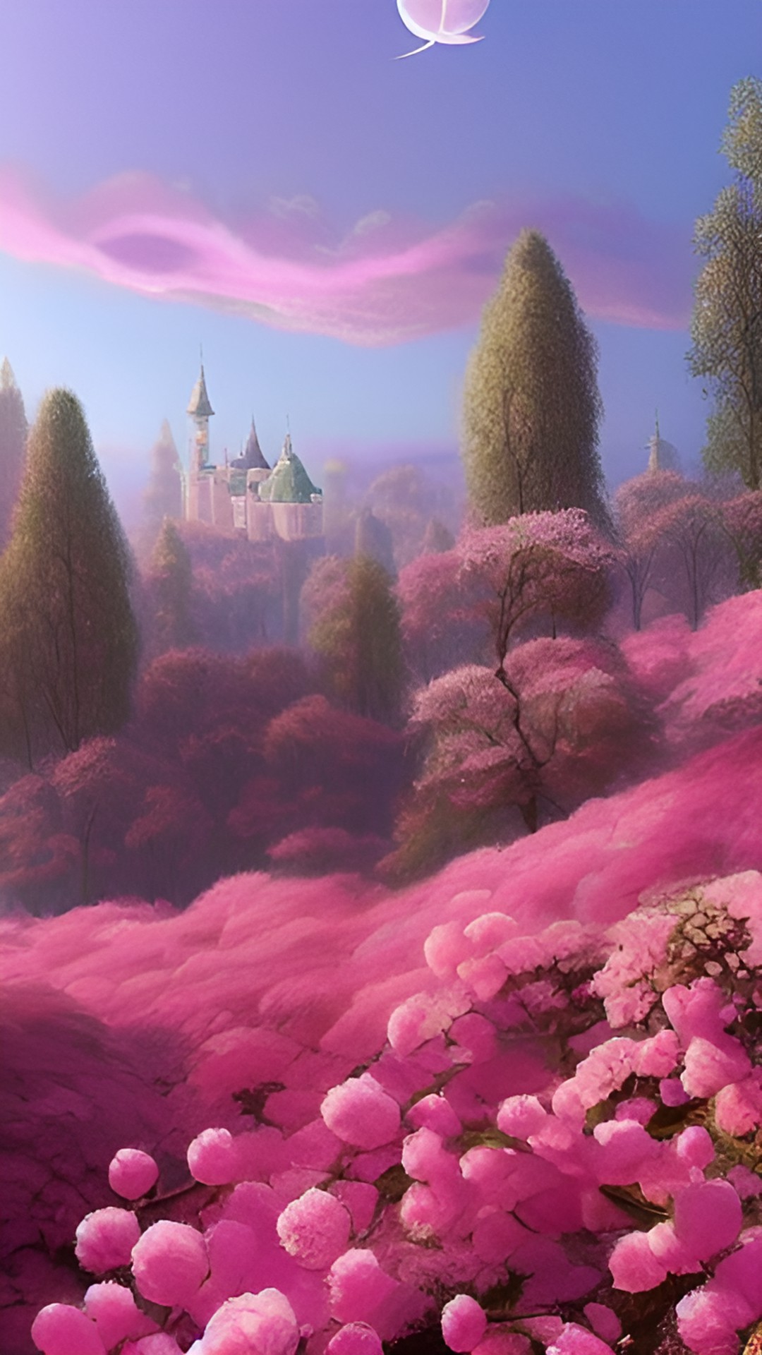 Pinkdom - light pink haze rosy heaven dream oasis secret fairy ethereal castle pink soft pink sunset sky clouds marble castle covered in pink rosebuds in the sky with pink sunset mystical woodland creatures willow tree dogwood pink preview