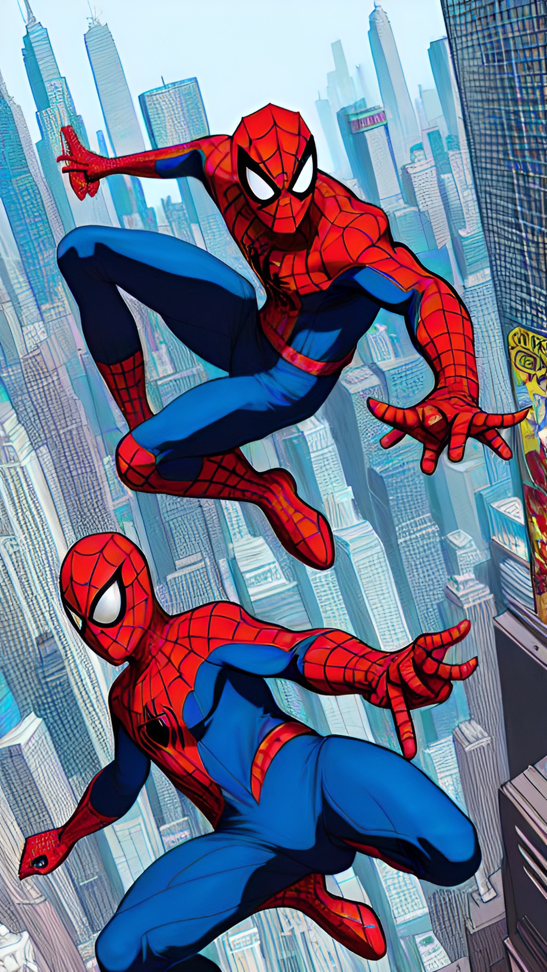 Spideys - spiderman, in his iconic red and blue suit, swinging through the city with his web shooters. preview