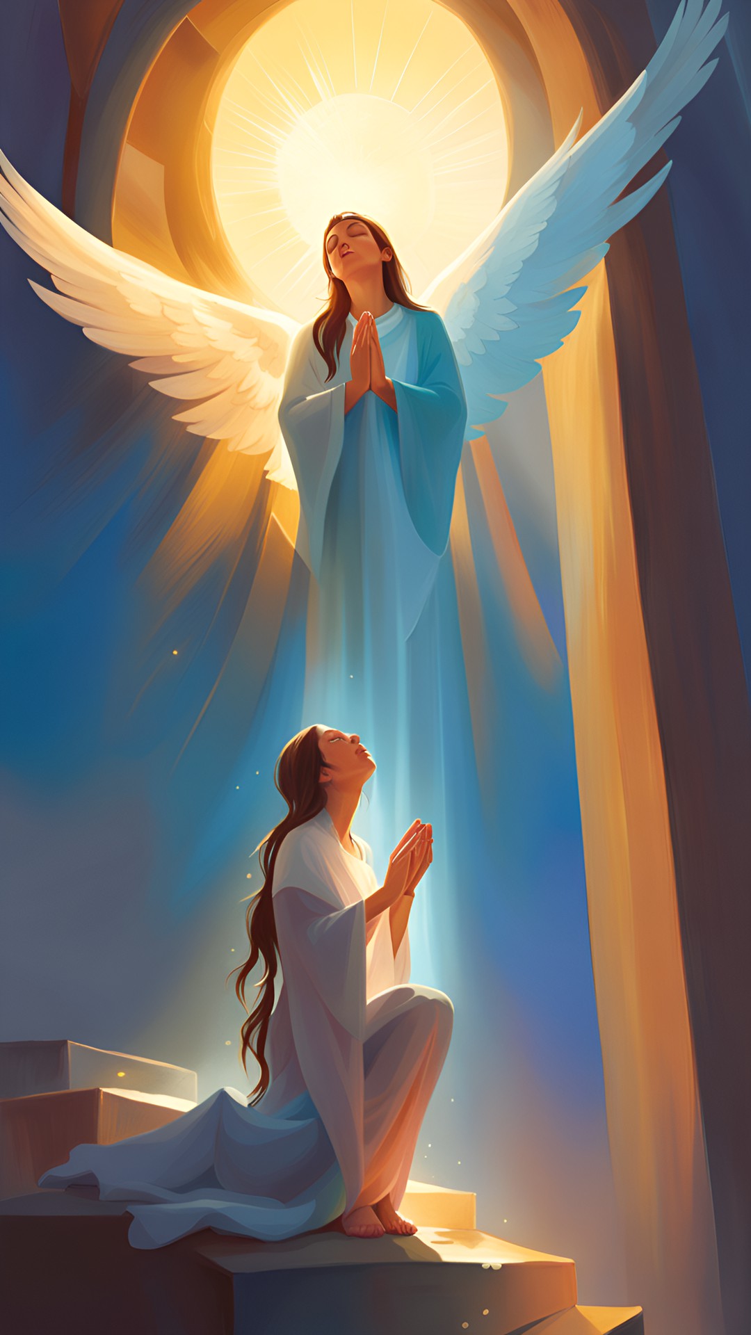 a lady praying, her head bowed down in prayer, her guardian angel standing behind her looking up at heaven, light coming from above, highly detailed, fantasy art preview