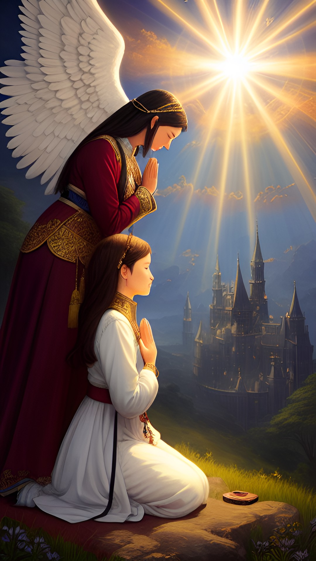 a lady praying, her head bowed down in prayer, her guardian angel standing behind her looking up at heaven, light coming from above, highly detailed, fantasy art preview