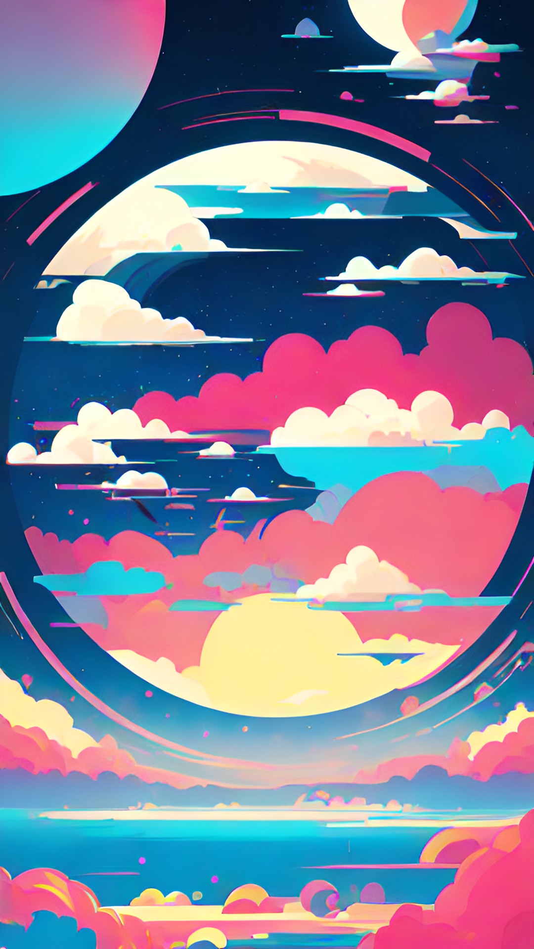 clouds, two moons, blue, pink, white preview