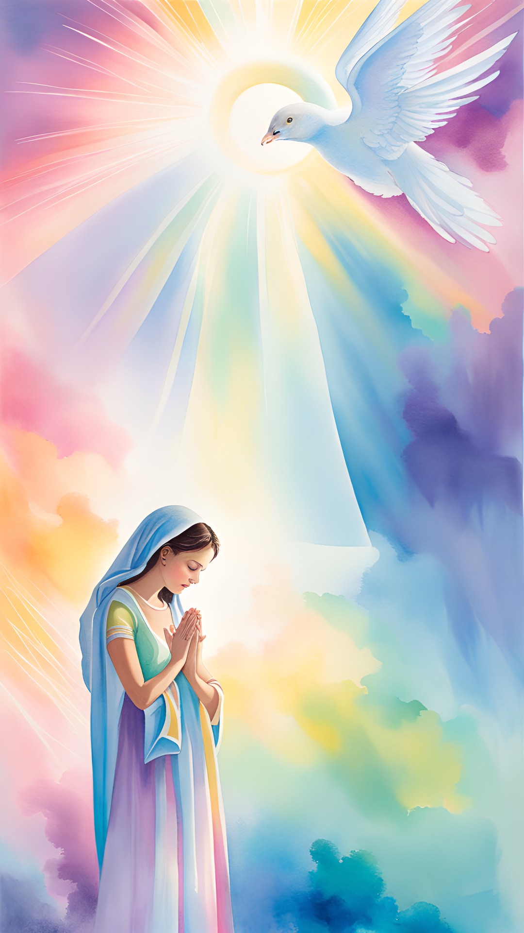 a lady praying, her head bowed down in prayer, her guardian angel standing behind her looking up at heaven, light coming from above, highly detailed, fantasy art preview