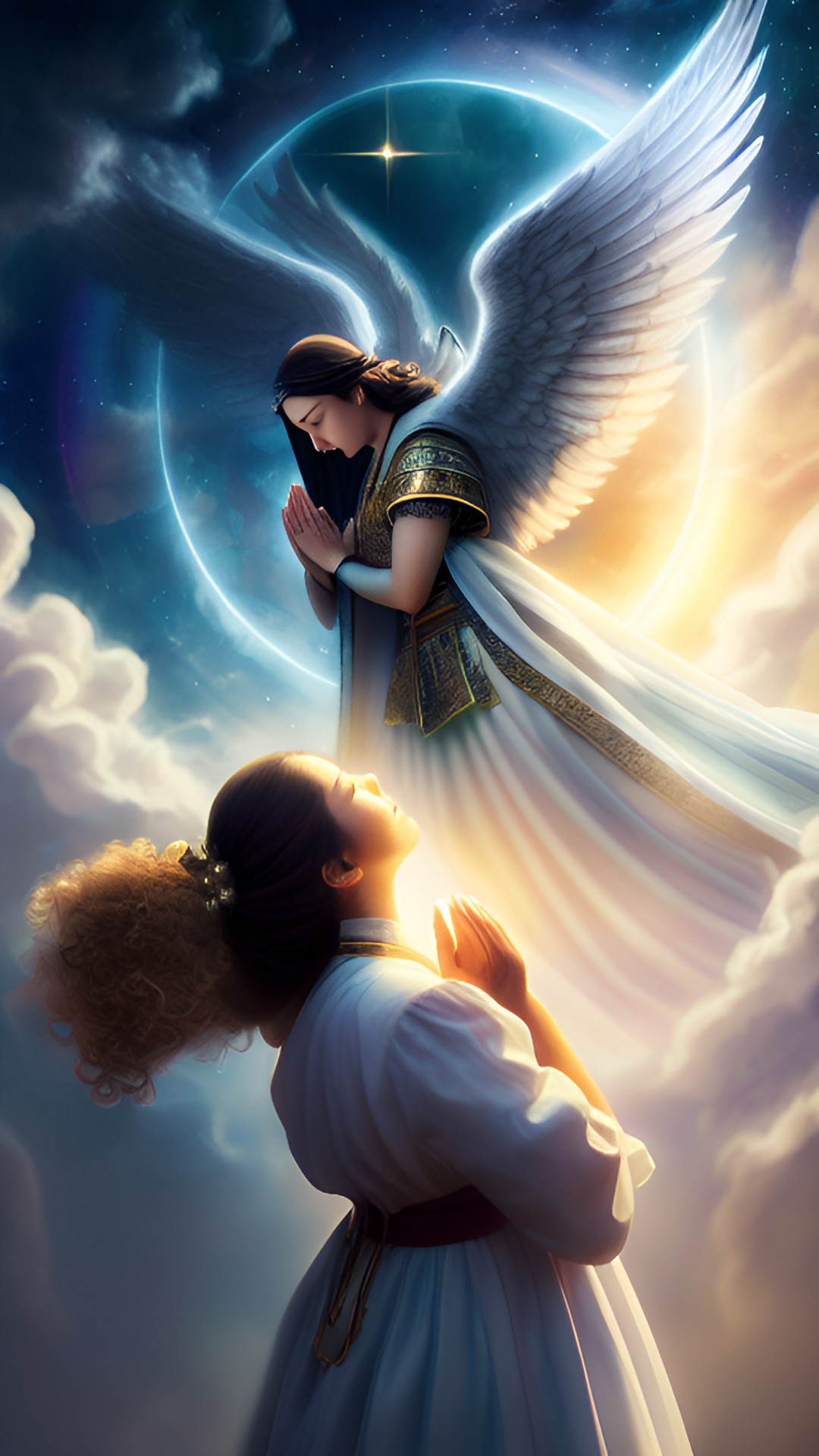 a lady praying, her head bowed down in prayer, her guardian angel standing behind her looking up at heaven, light coming from above, highly detailed, fantasy art preview