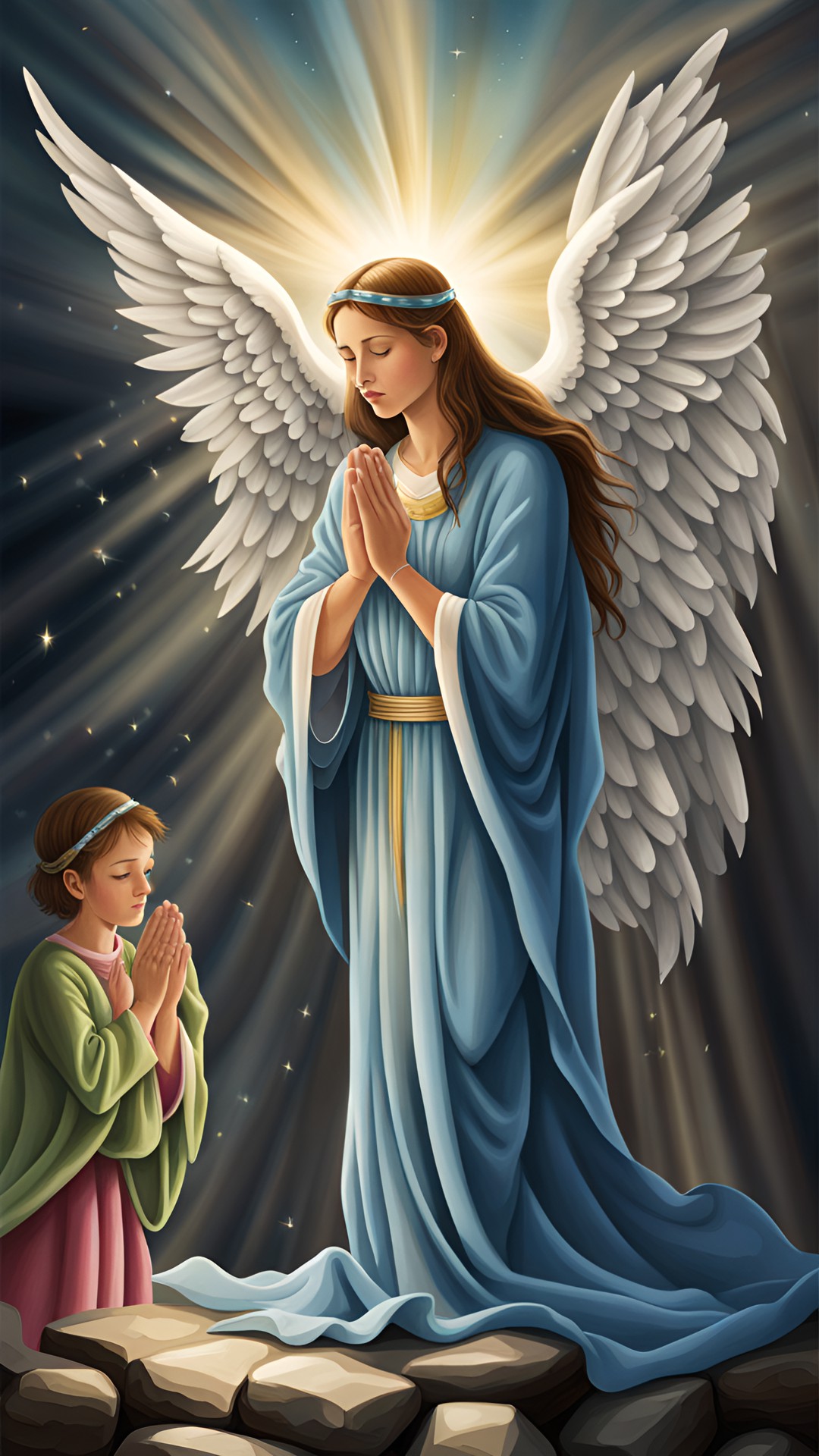 a lady praying, her head bowed down in prayer, her guardian angel standing behind her looking up at heaven, light coming from above, highly detailed, fantasy art preview