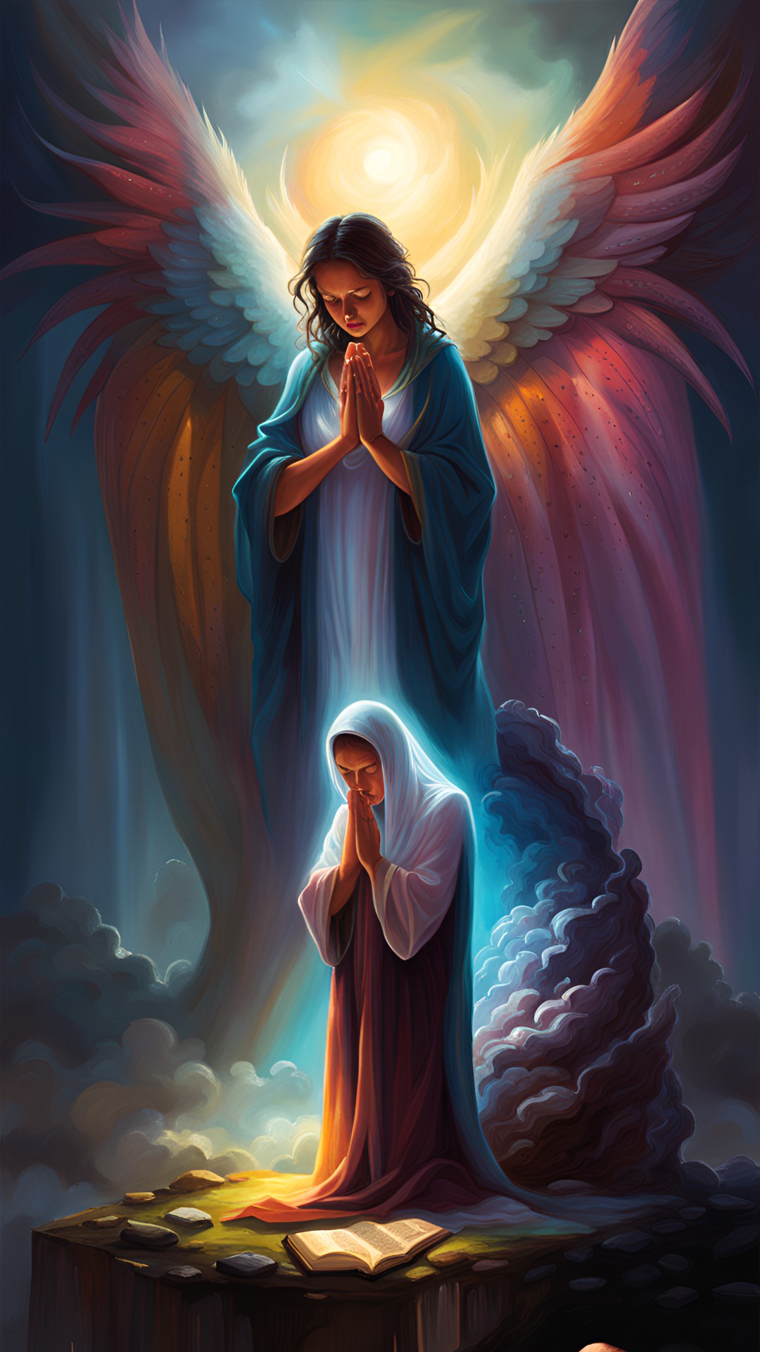 a lady praying, her head bowed down in prayer, her guardian angel standing behind her looking up at heaven, light coming from above, highly detailed, fantasy art preview