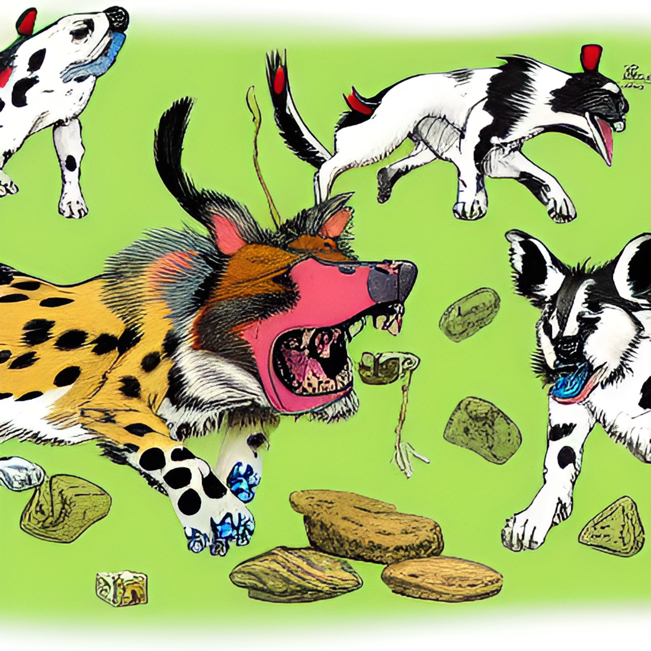 wild dog looking creatures on a old paper background with some of the creatures eating fish and playing with rocks preview