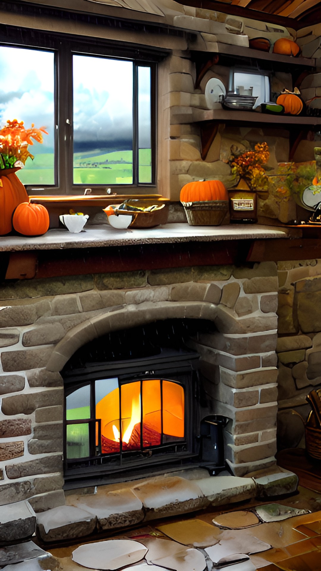 inside, kitchen cottage, autumn, warm hearth, food preview